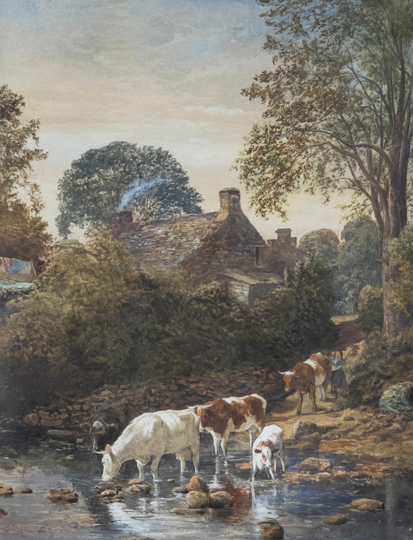 Charles Lutchell - Framed 19th Century Watercolour, Cattle Watering For Sale 1