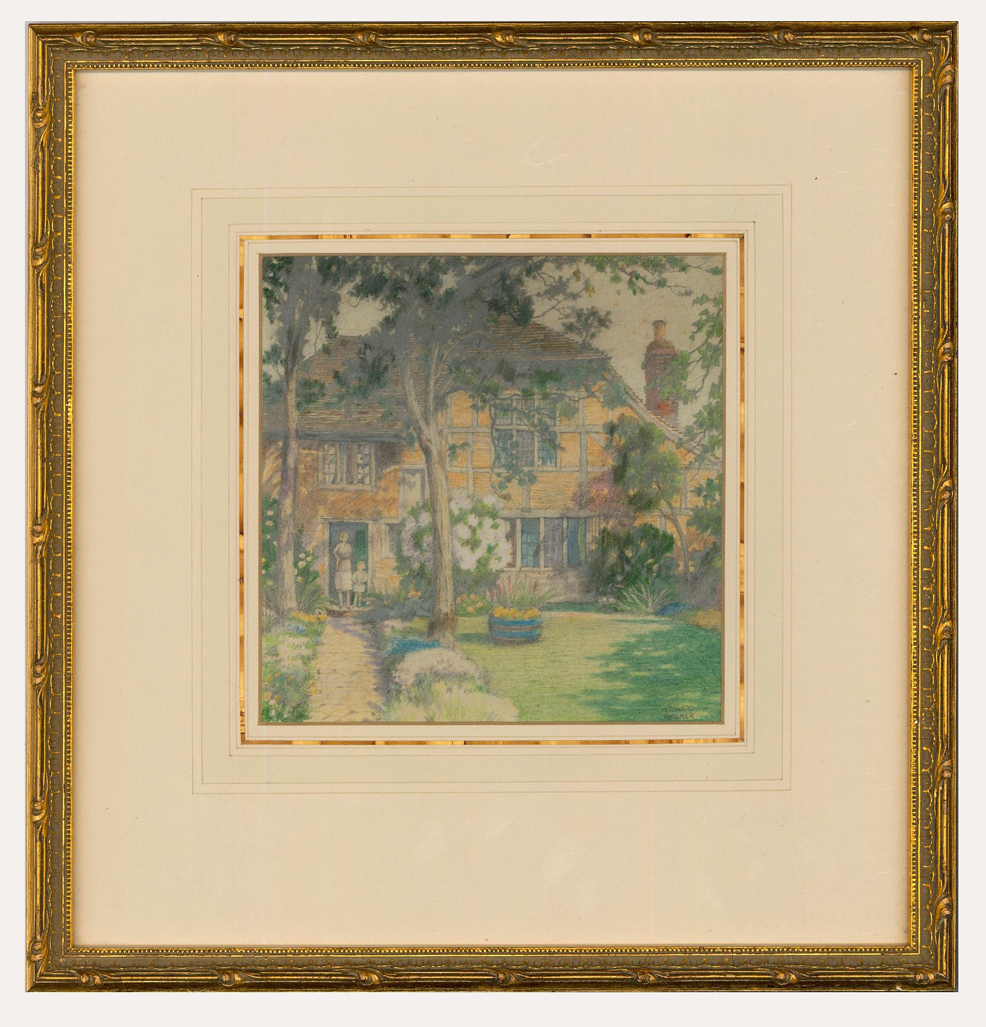 Représentation détaillée d'une grande maison de campagne par l'artiste britannique Edward Walker (1879-1955). La scène montre une mère et sa fille sur le perron de leur grande maison de campagne, avec des bordures d'été de part et d'autre d'une