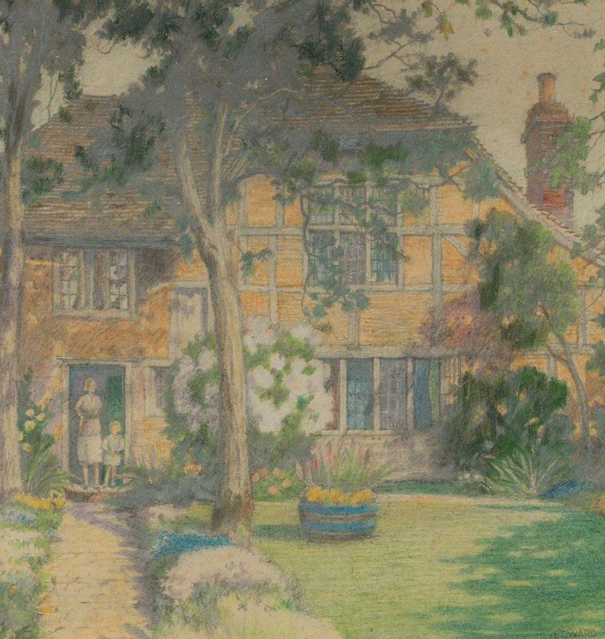 A detailed depiction of a large country house by listed British artist Edward Walker (1879-1955). The scene shows a mother and daughter on the front step of their grand country home with summer borders down either side of a sweeping front lawn and