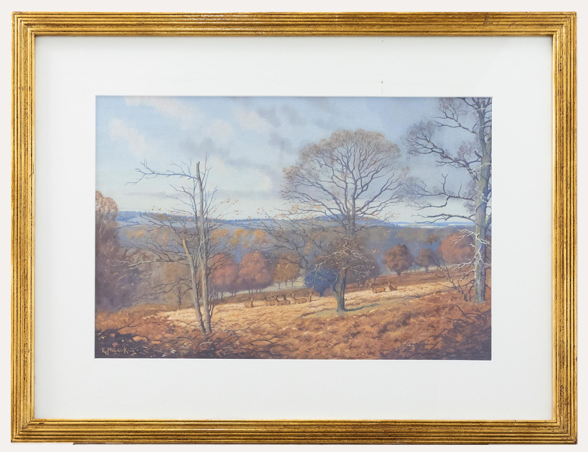 An attractive watercolour painting of red deer camouflaged amongst autumn colour at Eastnor Park. The artist has used gouache in areas to highlight elements of the landscape. The painting has been well presented in a large reeded frame with a crisp