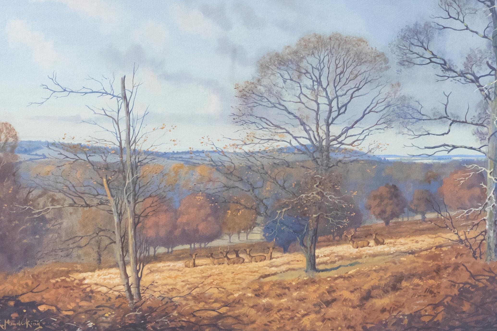 Eric Meade-King (1911-1987) – Gerahmtes Aquarell, Roter Hirsch im Eastnor Park 1