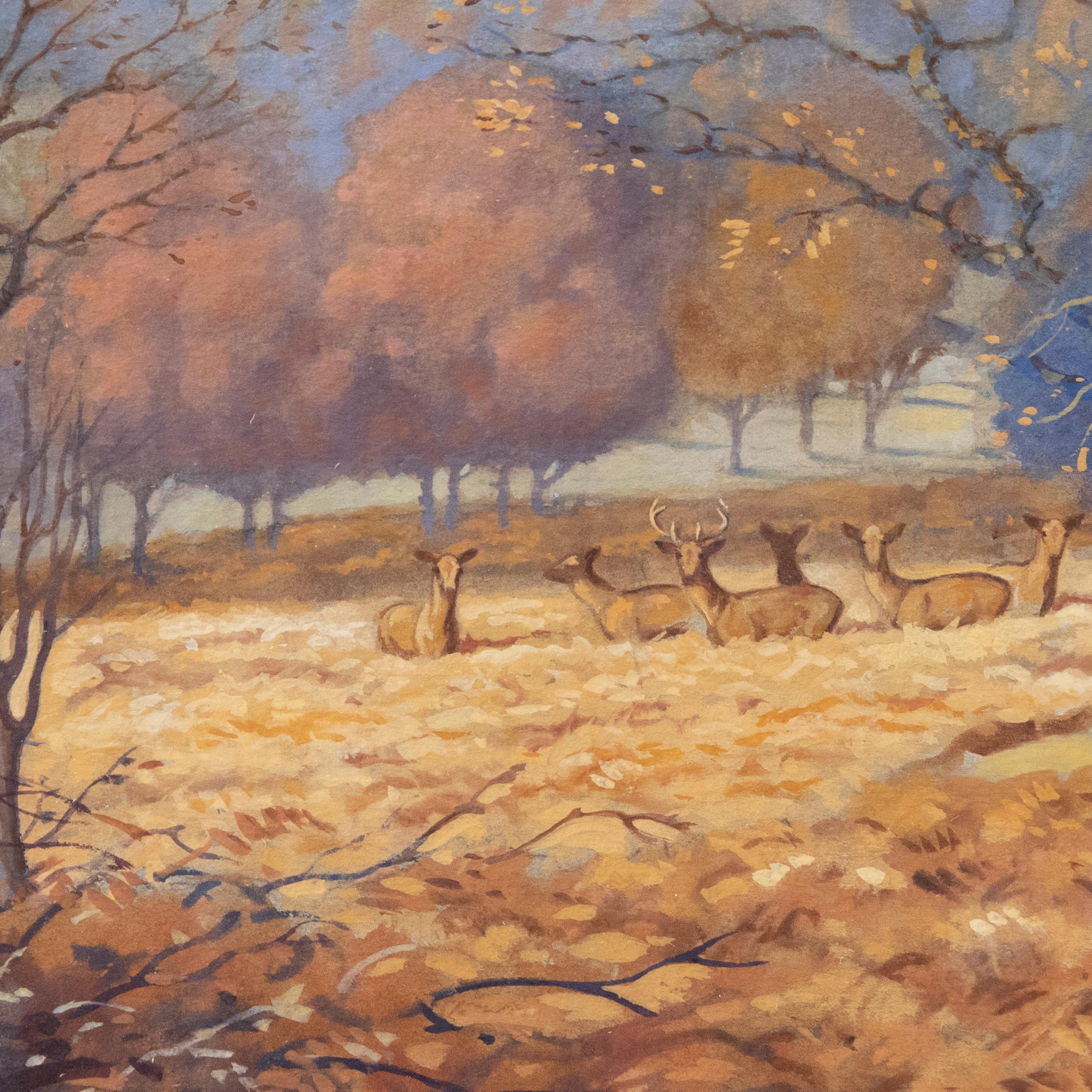 Eric Meade-King (1911-1987) – Gerahmtes Aquarell, Roter Hirsch im Eastnor Park 3