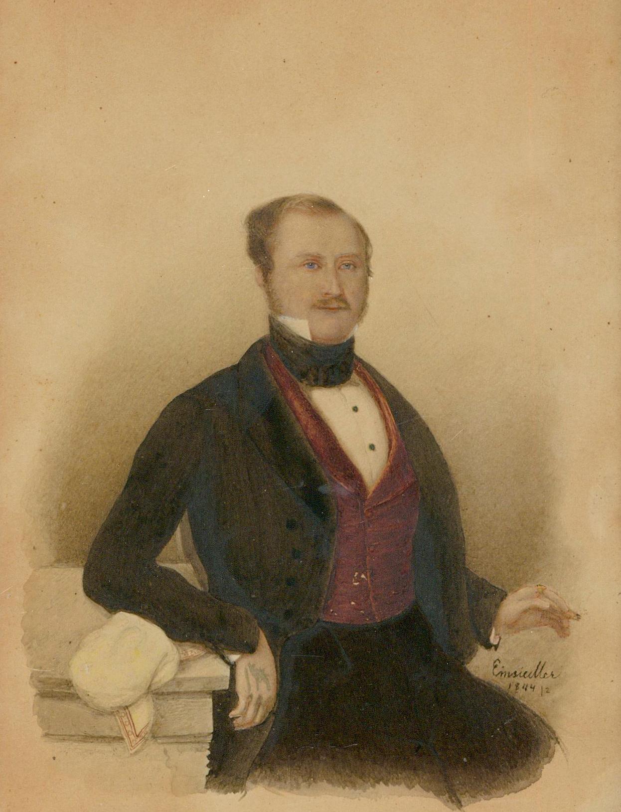 Portrait délicat d'un homme en gilet de velours rouge fumant un cigare. L'artiste a capturé son visage saisissant et ses yeux bleus brillants avec de fins détails. Bien présenté dans un cadre orné à effet doré. Signé indistinctement et daté de 1844.