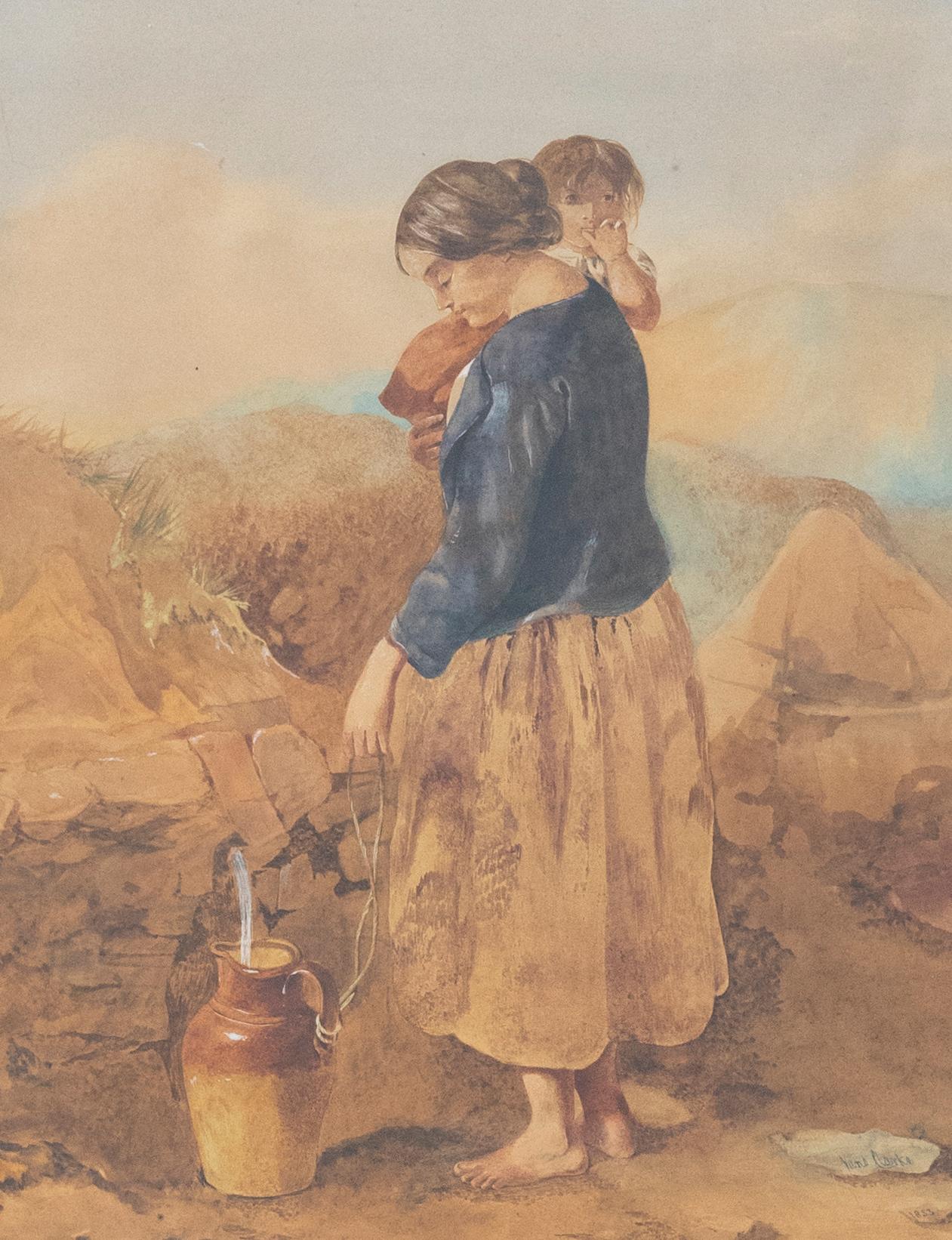 V. Clarke  - 1853 Watercolour, Collecting Water - Art by Unknown