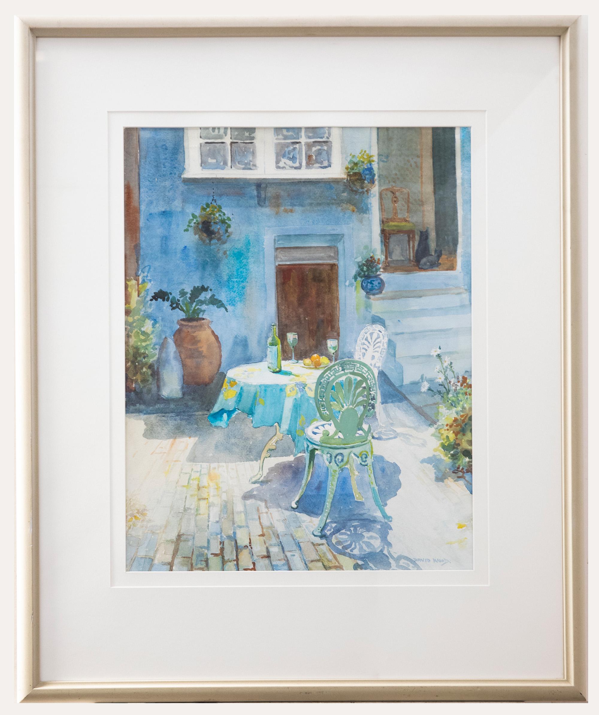 Unknown Still-Life – David Wood (1933-1996) - Aquarell des 20. Jahrhunderts, Lunch in the Courtyard