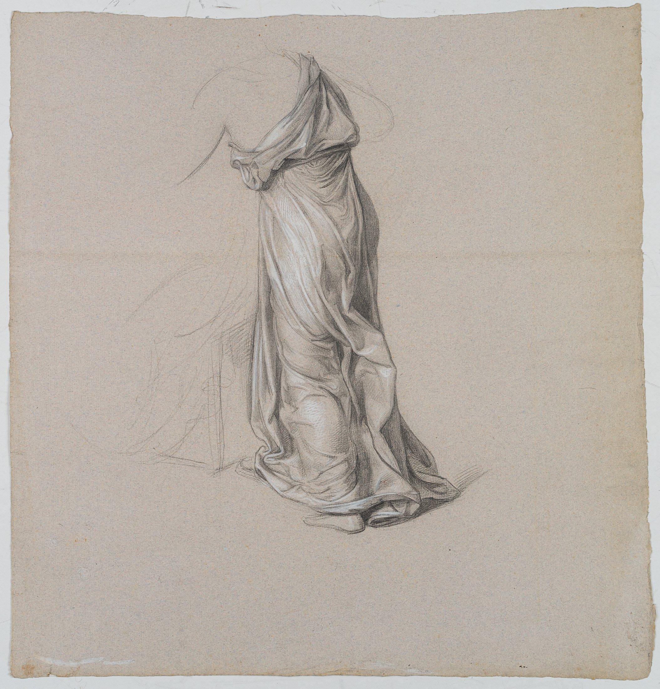 Trajan Wallis (1794 Florence - 1892 ): Study of a robe on a female figure in back view, 19th century, Pencil

Technique: White heightened Pencil on Paper

Date: 19th century

Description:  Watermark: Shield of arms with initials 