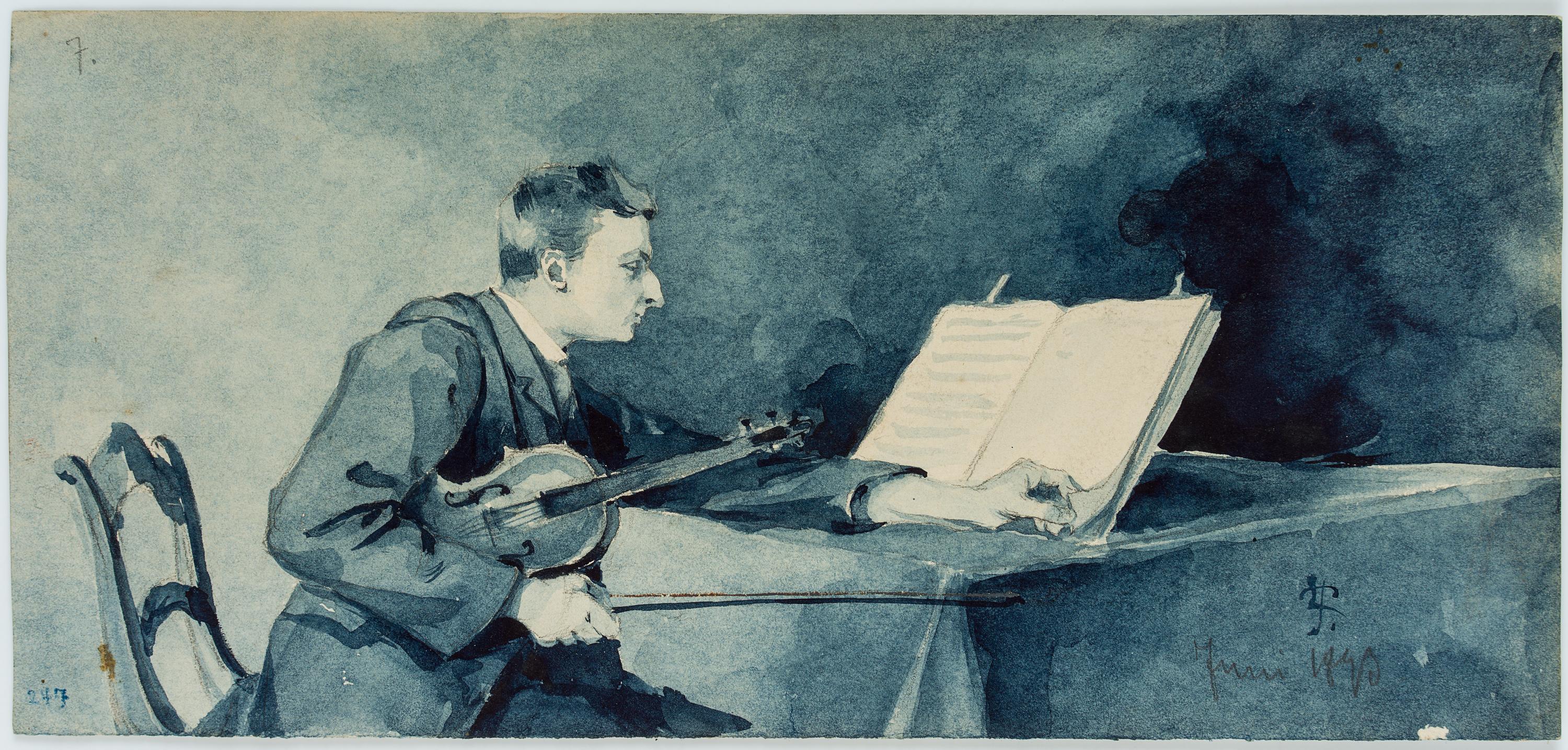 Violin player studying music - Art by Leo Primavesi
