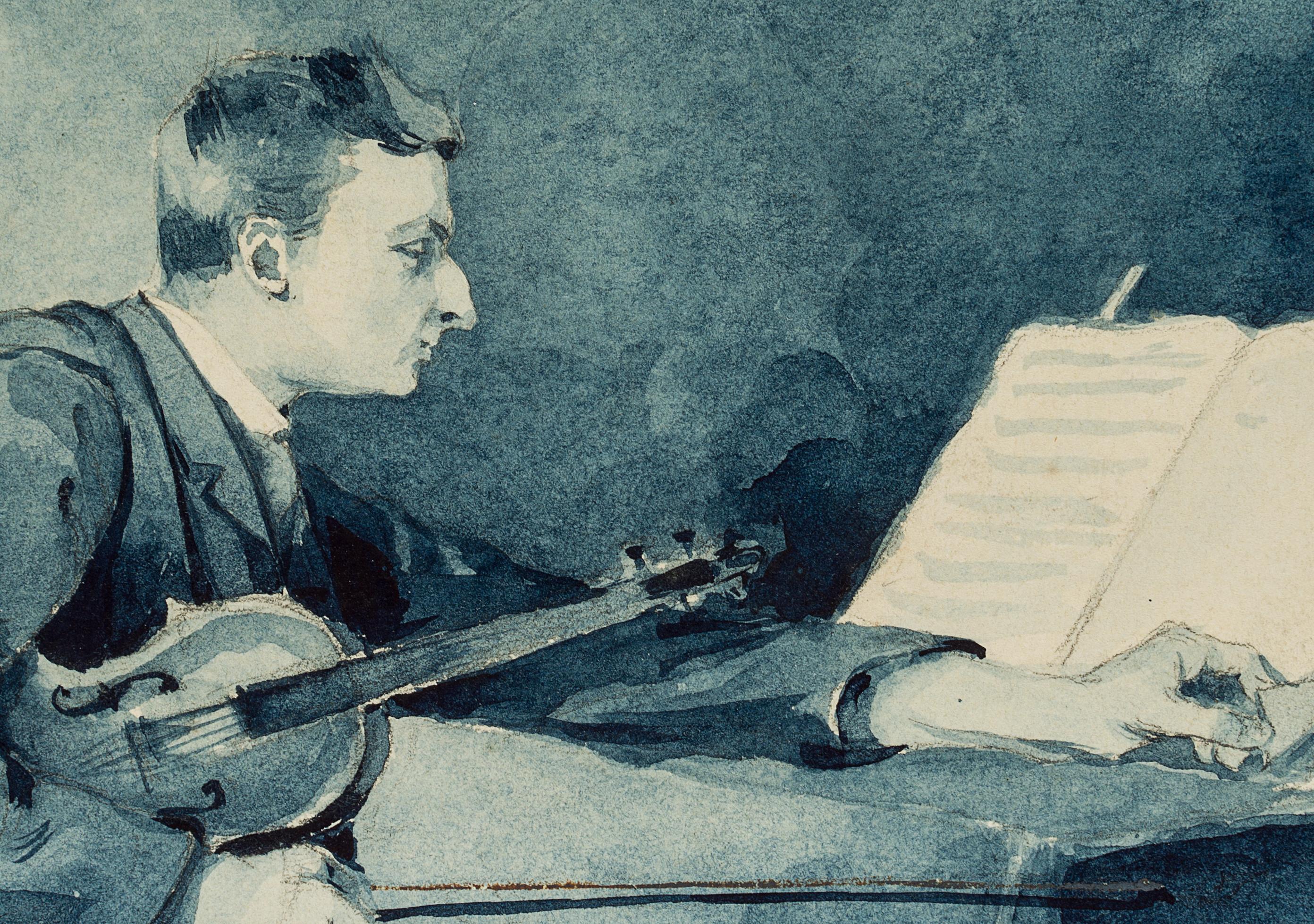 Violin player studying music - Romantic Art by Leo Primavesi