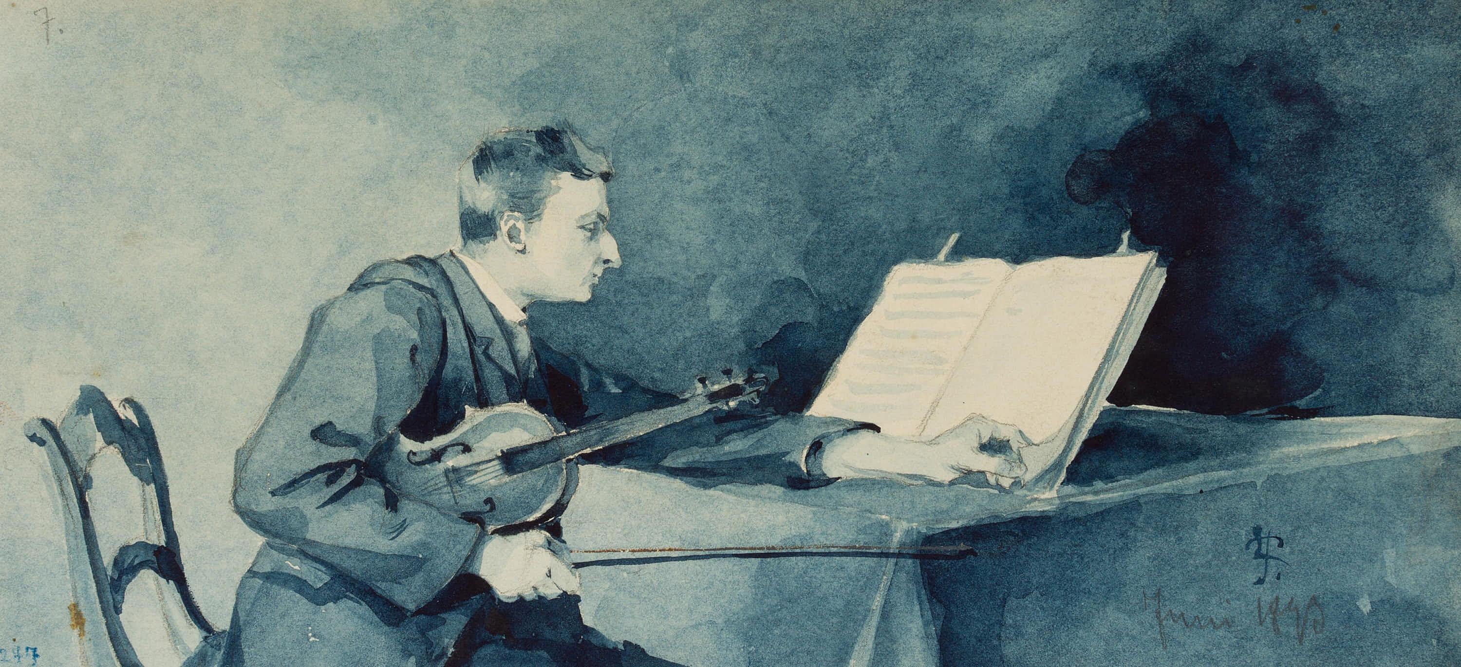 Leo Primavesi (1871 Cologne - after 1937 ): The blue hour Violin players studying music, 1899, Watercolor

Technique: Watercolor on Paper

Inscription: Lower right monogrammed: 