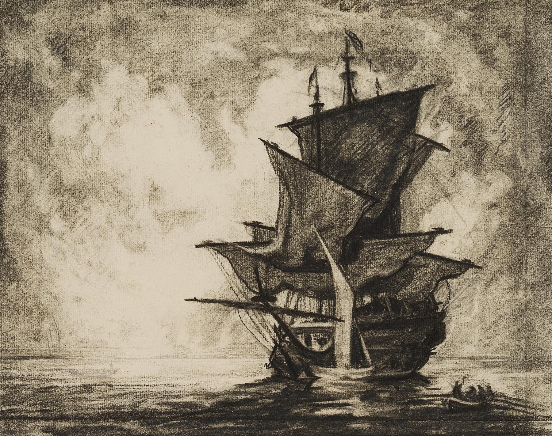 Anchored sailing ship