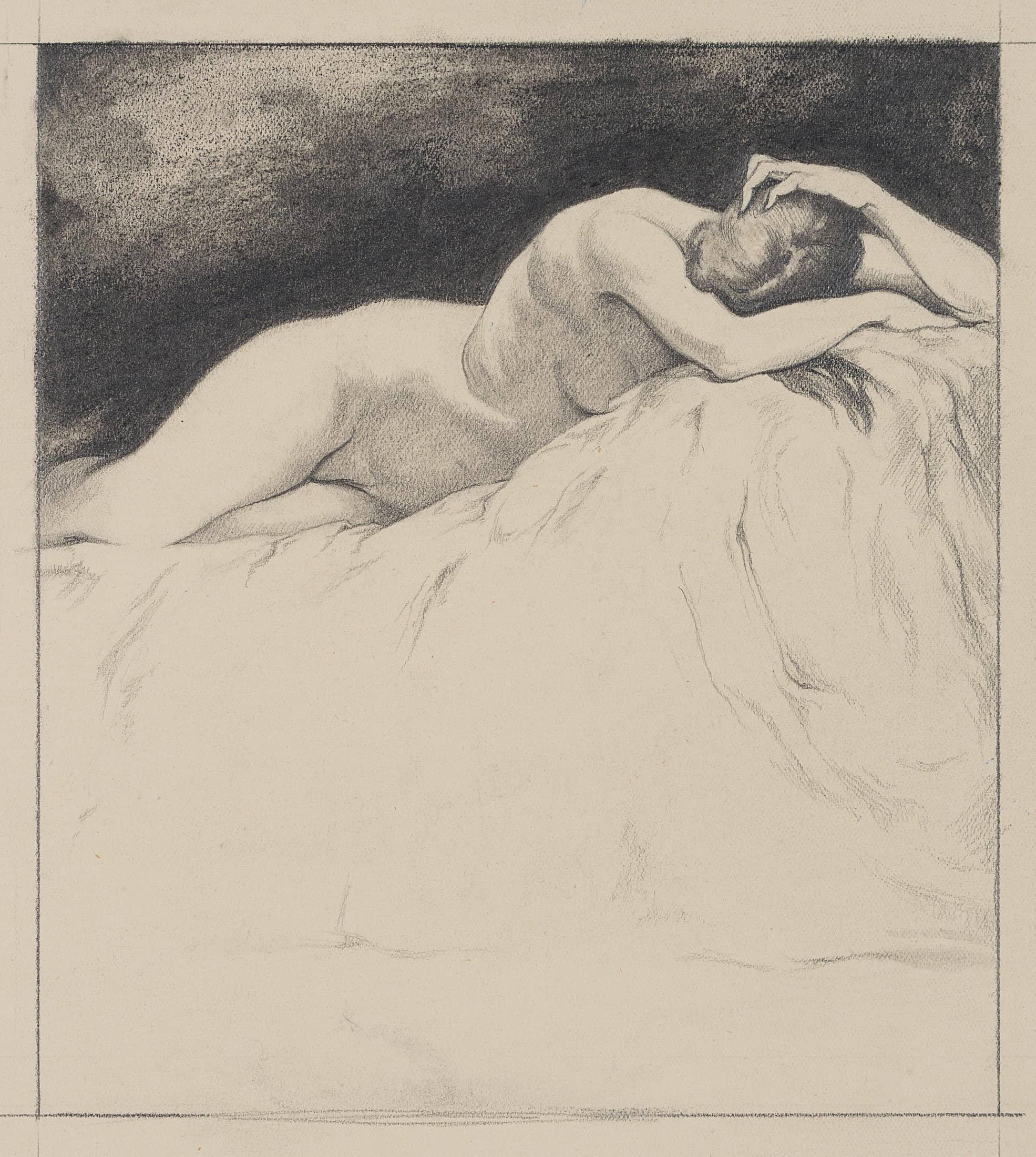 Carl August Walther (1880 Leipzig - 1956 Dresden): Sleeping III, 20th century, Pencil

Technique: Pencil and Charcoal on Paper

Inscription: below with estate stamp

Date: 20th century

Description: View of an unclothed woman lying turned away on a