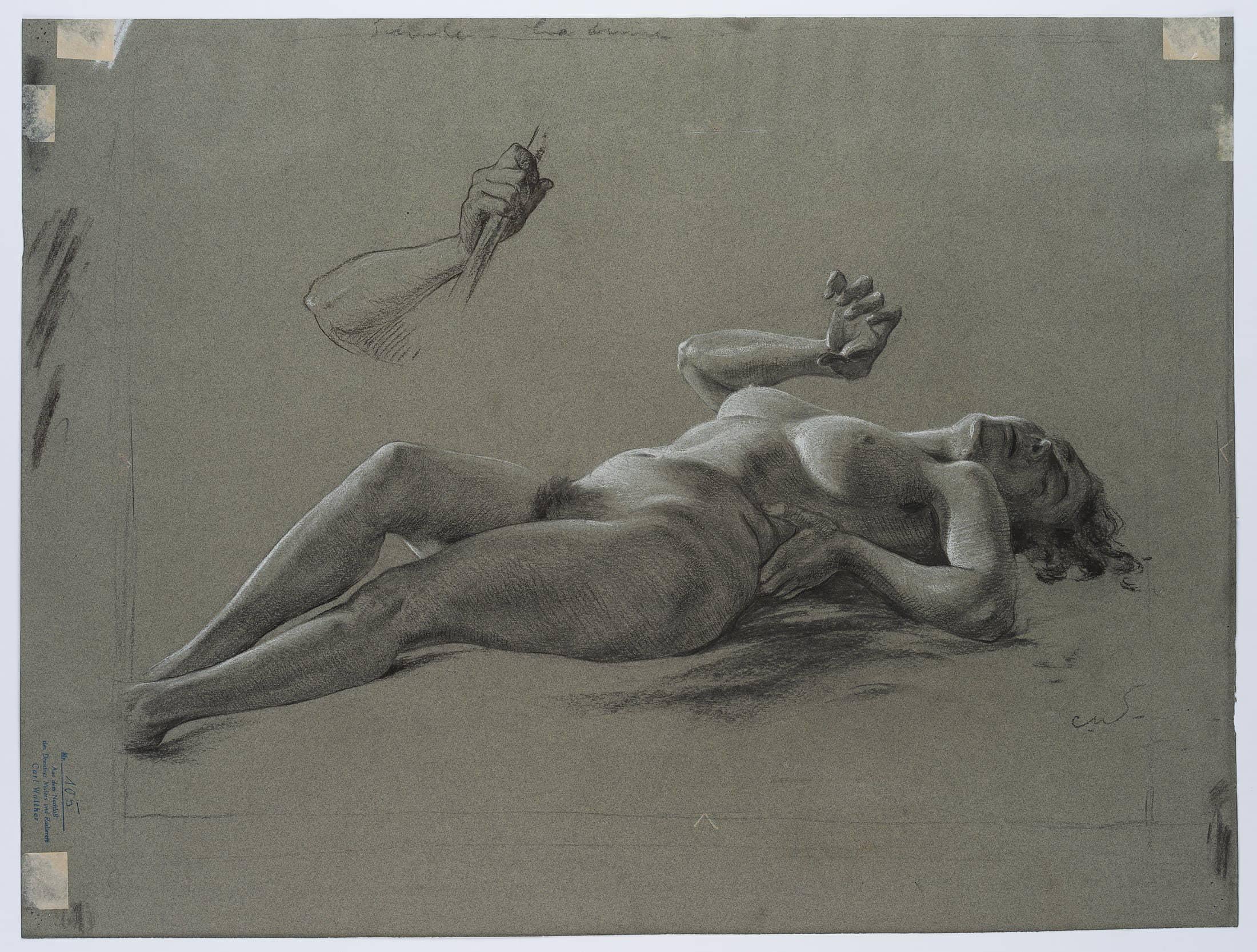 Carl August Walther (1880 Leipzig - 1956 Dresden): Reclining female nude, 20th century, Charcoal

Technique: Charcoal on Paper

Inscription: Inscribed at upper margin, monogrammed at lower right, with estate stamp at lower left.

Date: 20th