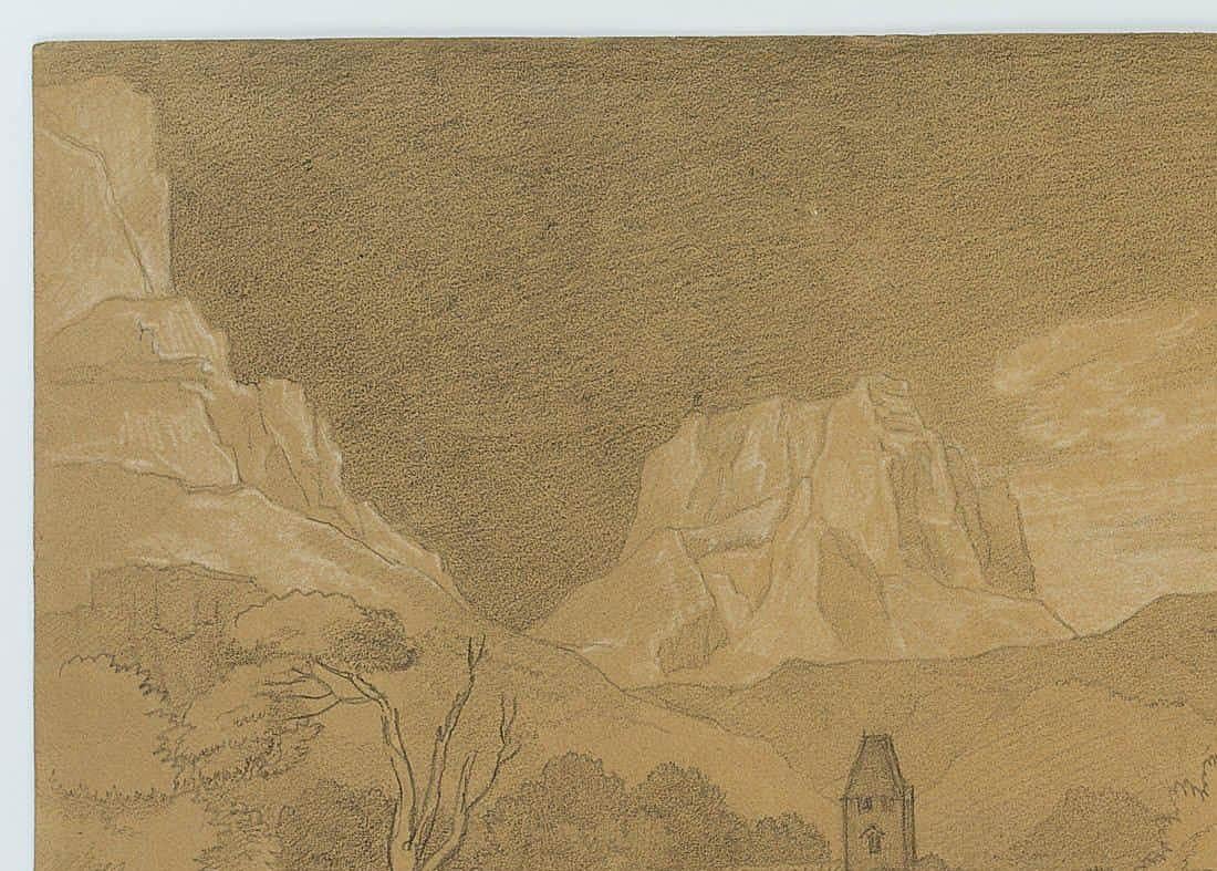 George Augustus Wallis (1761 Merton (London) - 1847 Florence): Italian Landscape: Homestead in front of Mountains, 19th century, Pencil

Technique: White heightened Pencil on Paper

Date: 19th century

Provenance: From the estate of the artist.

