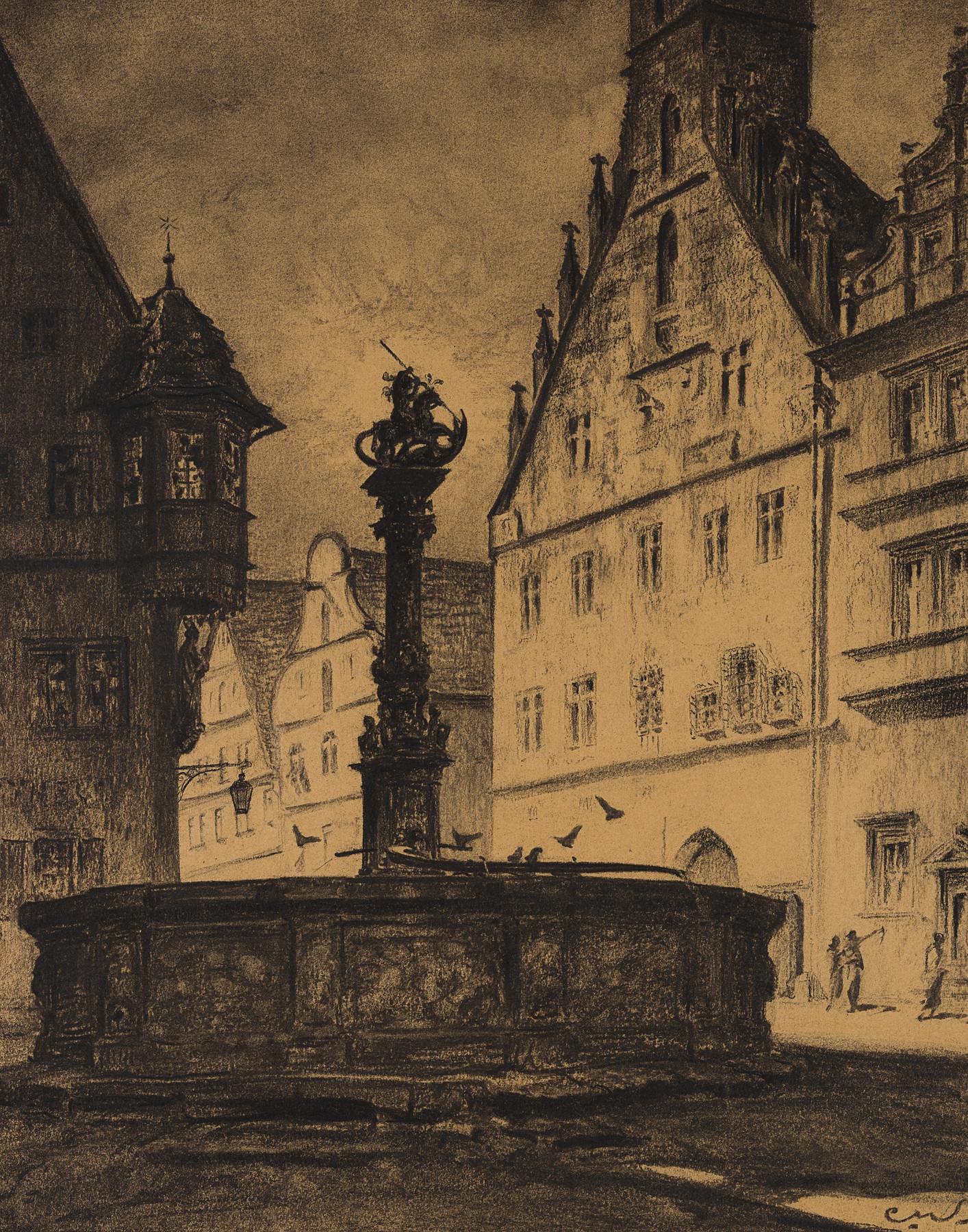 Carl August Walther Landscape Art – Brunnen und Rathaus von St. George's in Rothenburg ob der Tauber