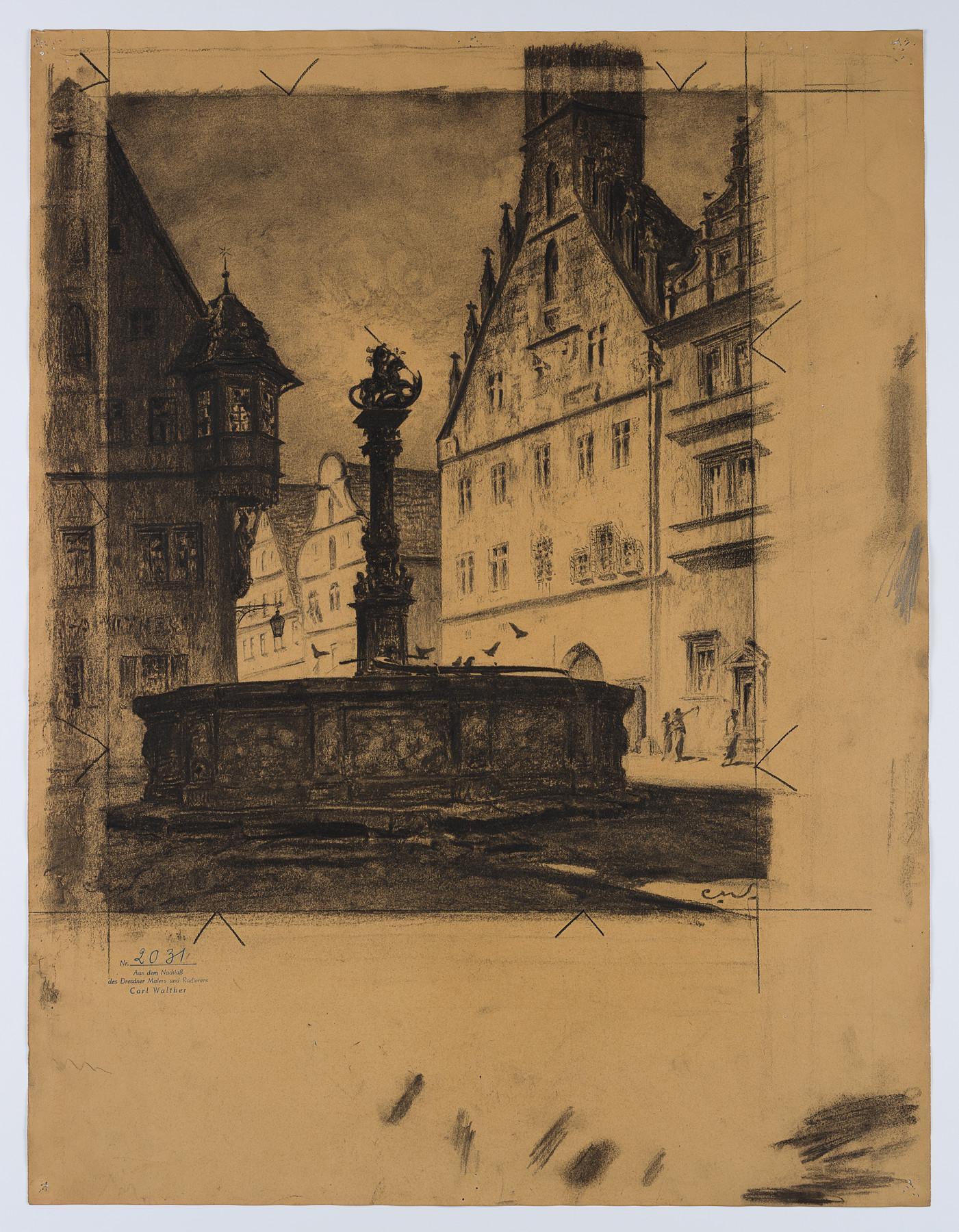 St George's Fountain and Town Hall in Rothenburg ob der Tauber - Art by Carl August Walther