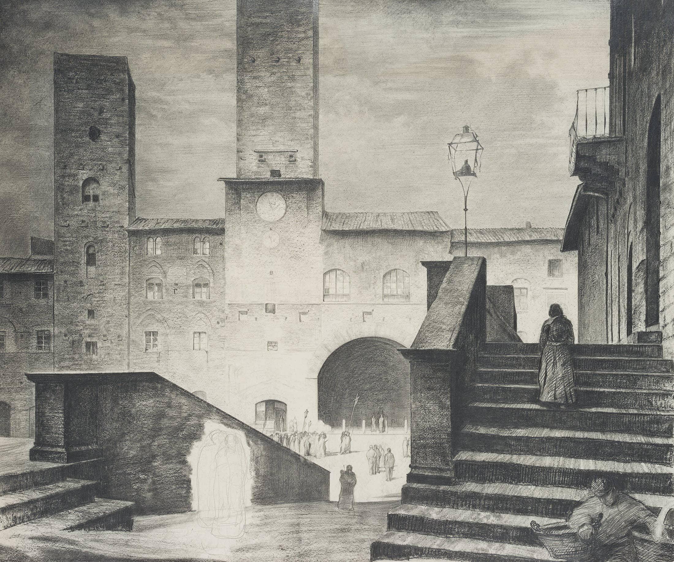 Carl August Walther Landscape Art - Palazzo del Podestà in San Gimignano