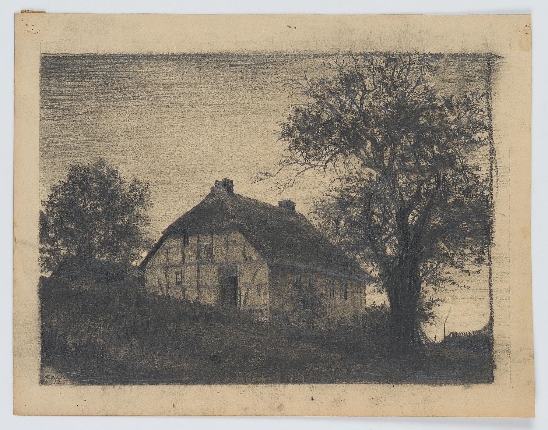Half-timbered house and old tree - Art by Carl August Walther