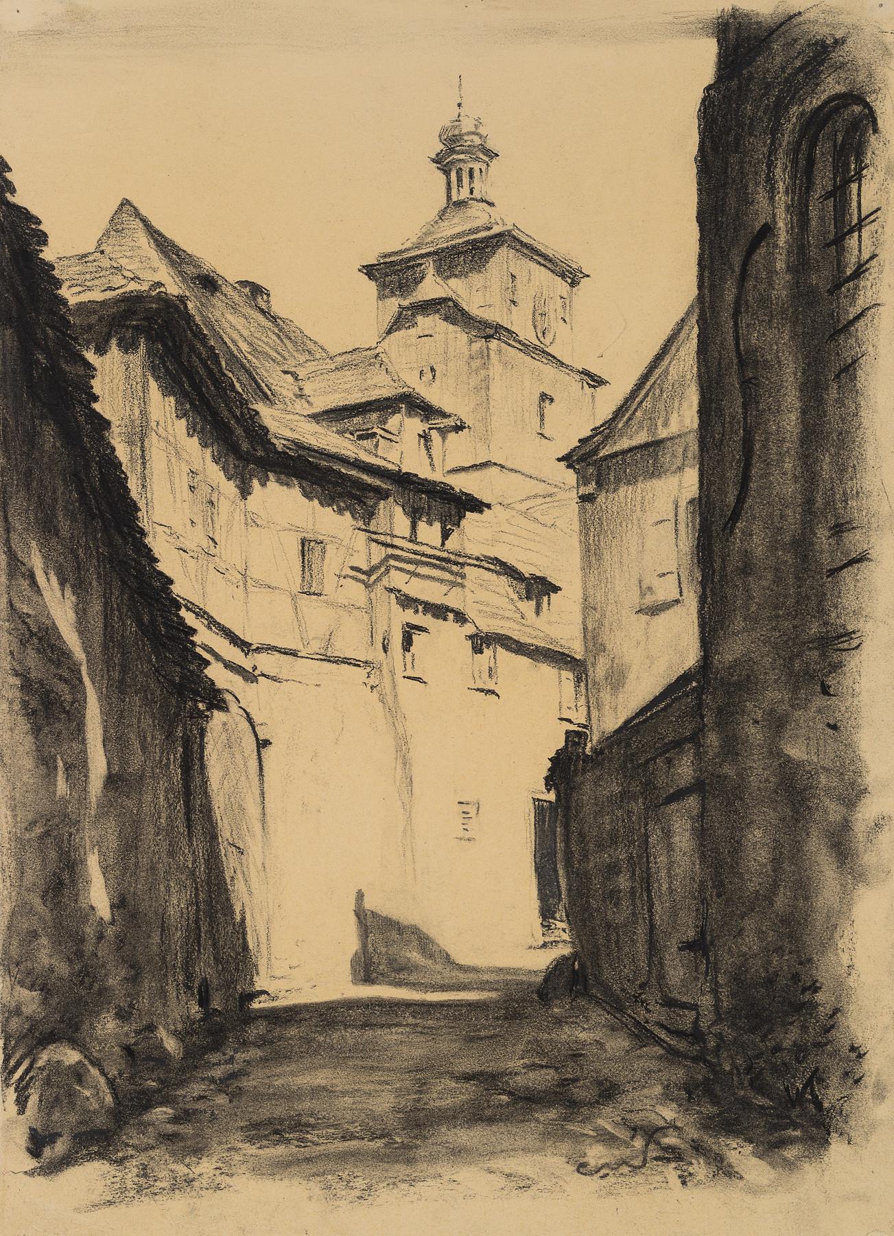 Carl August Walther Landscape Art – Allee in Rothenburg ob der Tauber mit weißem Turm