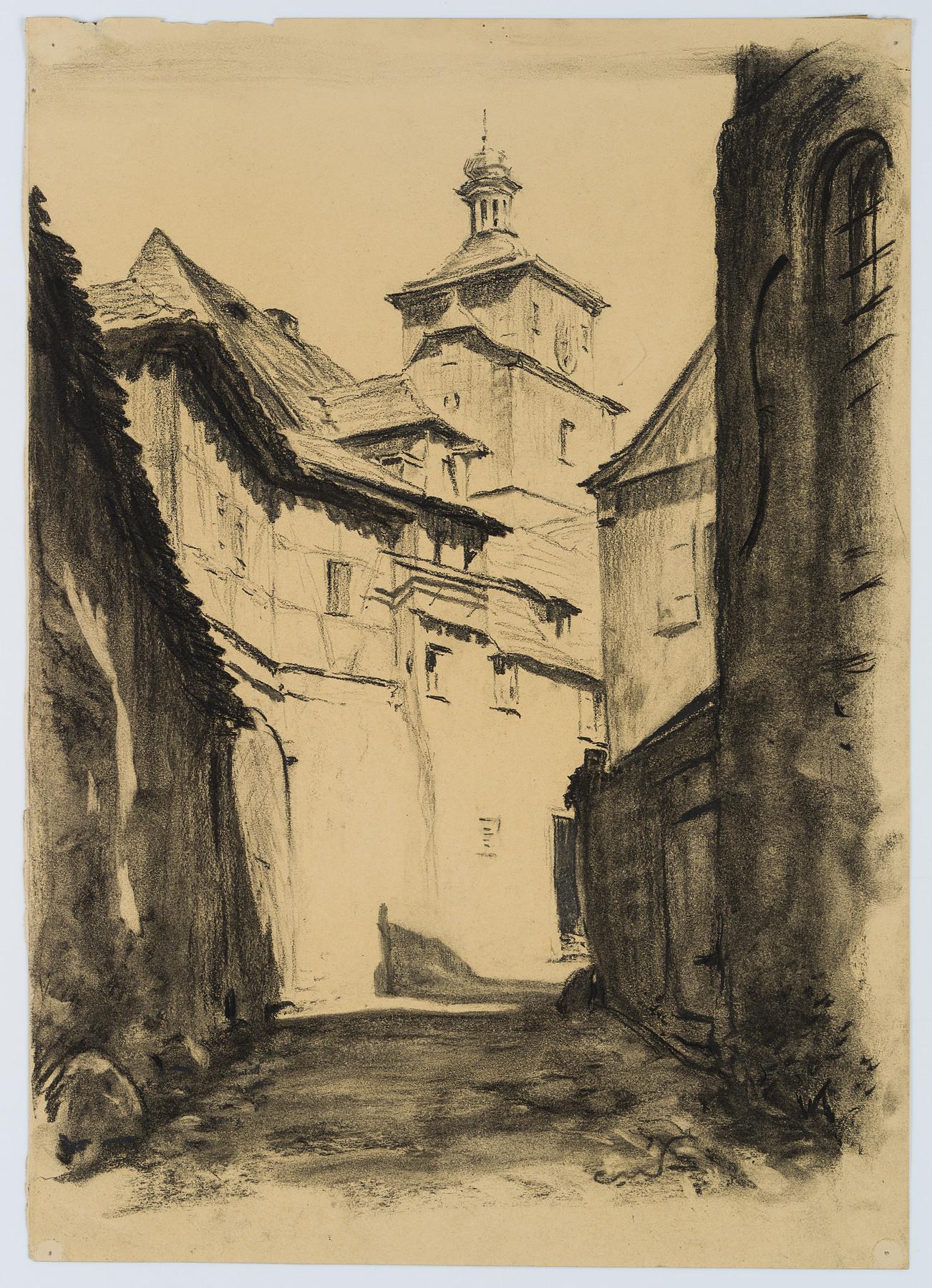 Allee in Rothenburg ob der Tauber mit weißem Turm – Art von Carl August Walther
