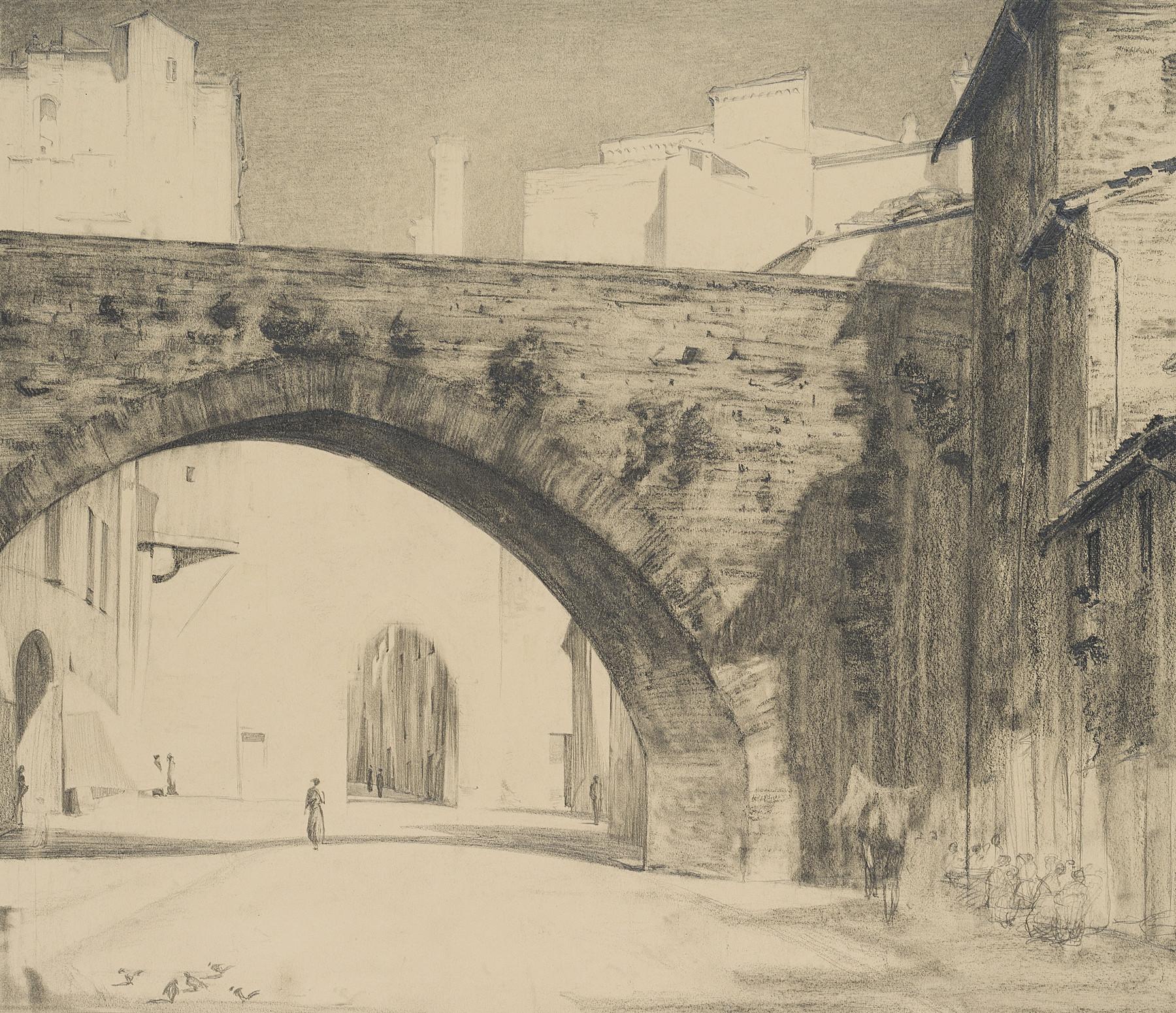 Carl August Walther Landscape Art - Italian city with bridge arch