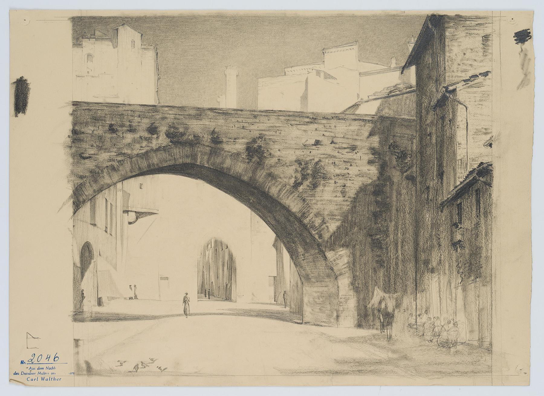 Italian city with bridge arch - Art by Carl August Walther
