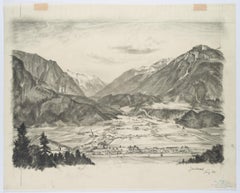 Vintage Landscape near Jenbach in Tyrol with snow-covered peaks
