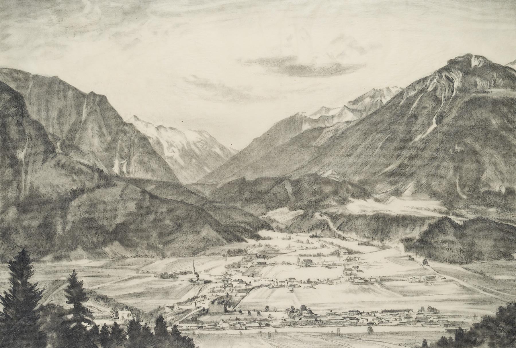 Landscape near Jenbach in Tyrol with snow-covered peaks - Art by Carl August Walther