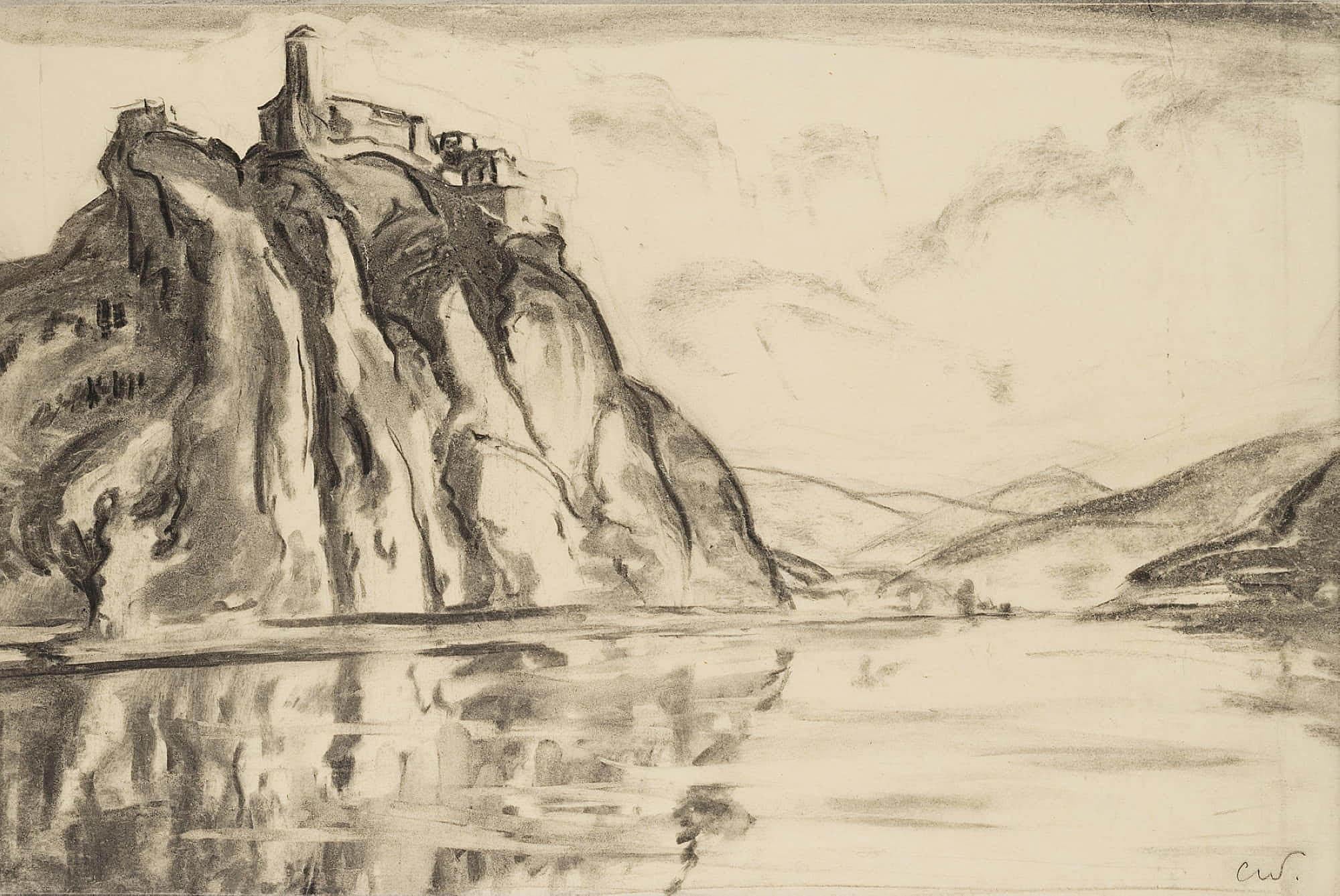 Carl August Walther (1880 Leipzig - 1956 Dresden): Schreckenstein Castle near Aussig on the Elbe in the Czech Republic, c. 1950, Charcoal

Technique: Charcoal on Transparent paper

Stamp: Lower left Estate stamp, Carl Walther. Dresden. 20th