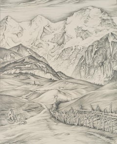 Paysage de montagne avec berger et clôture de pâturage