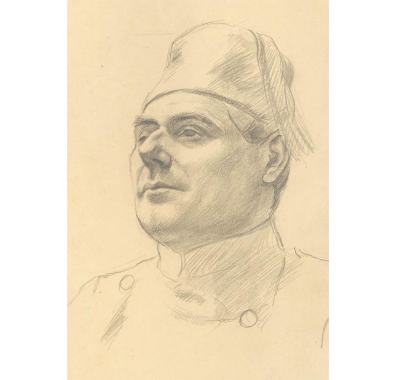 A fine graphite study of a gentleman in uniform. There is a smaller sketch in the upper right corner in preparation for the more accomplished study to the center of the page. Signed and dated 18th December 1925 to the upper right corner. On paper.
