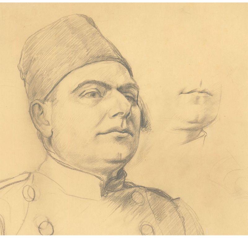 A delightful sketch of a man in military uniform. The artist practises the details of the man's mouth and jawline to the upper left of the paper before completing the larger sketch of the man to the right. Signed to the upper right. On paper.
