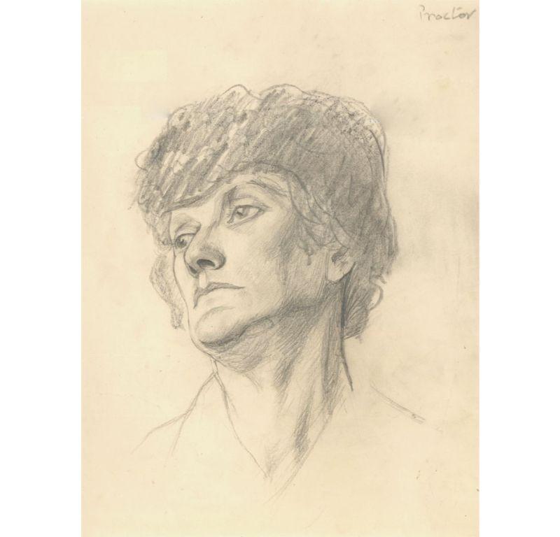A captivating graphite study of a middle aged woman with short cropped hair. The artist depicts the women from lower angle to best captures her strong features and distant gaze. Signed to the upper right. On paper.
