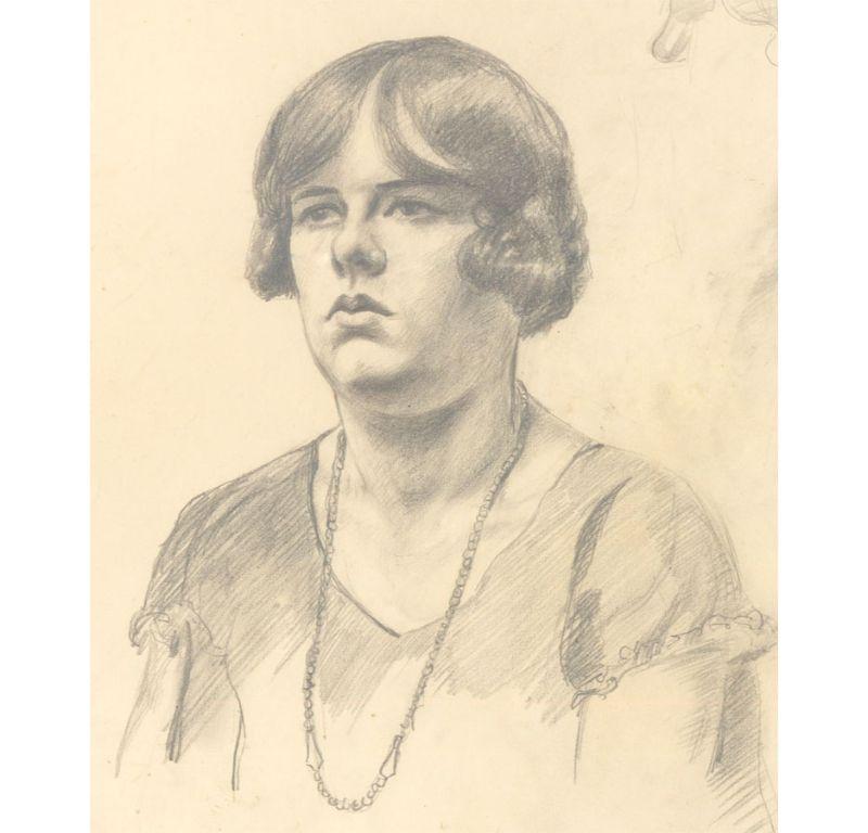 Ernest Procter Portrait – Ernest Proctor (1886-1935) - Graphitzeichnung, Frauen mit Perlenkette