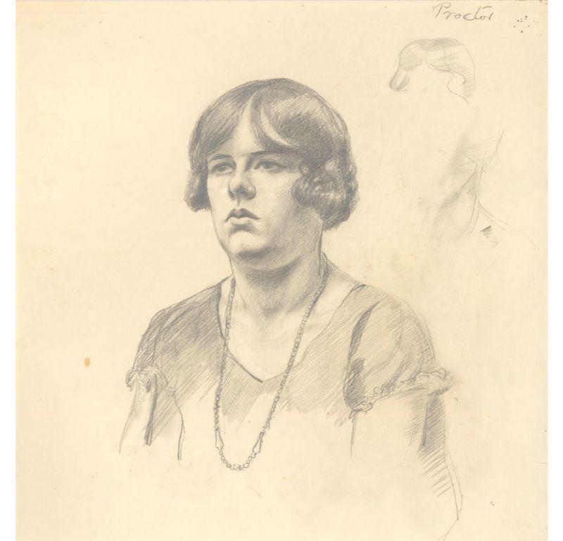 A charming graphite study depicting a woman with short cropped hair in a 1920's fashion wearing a beaded necklace. There are to sketched to the right side of the page practising the woman's hairline and face before completing a refined drawing to