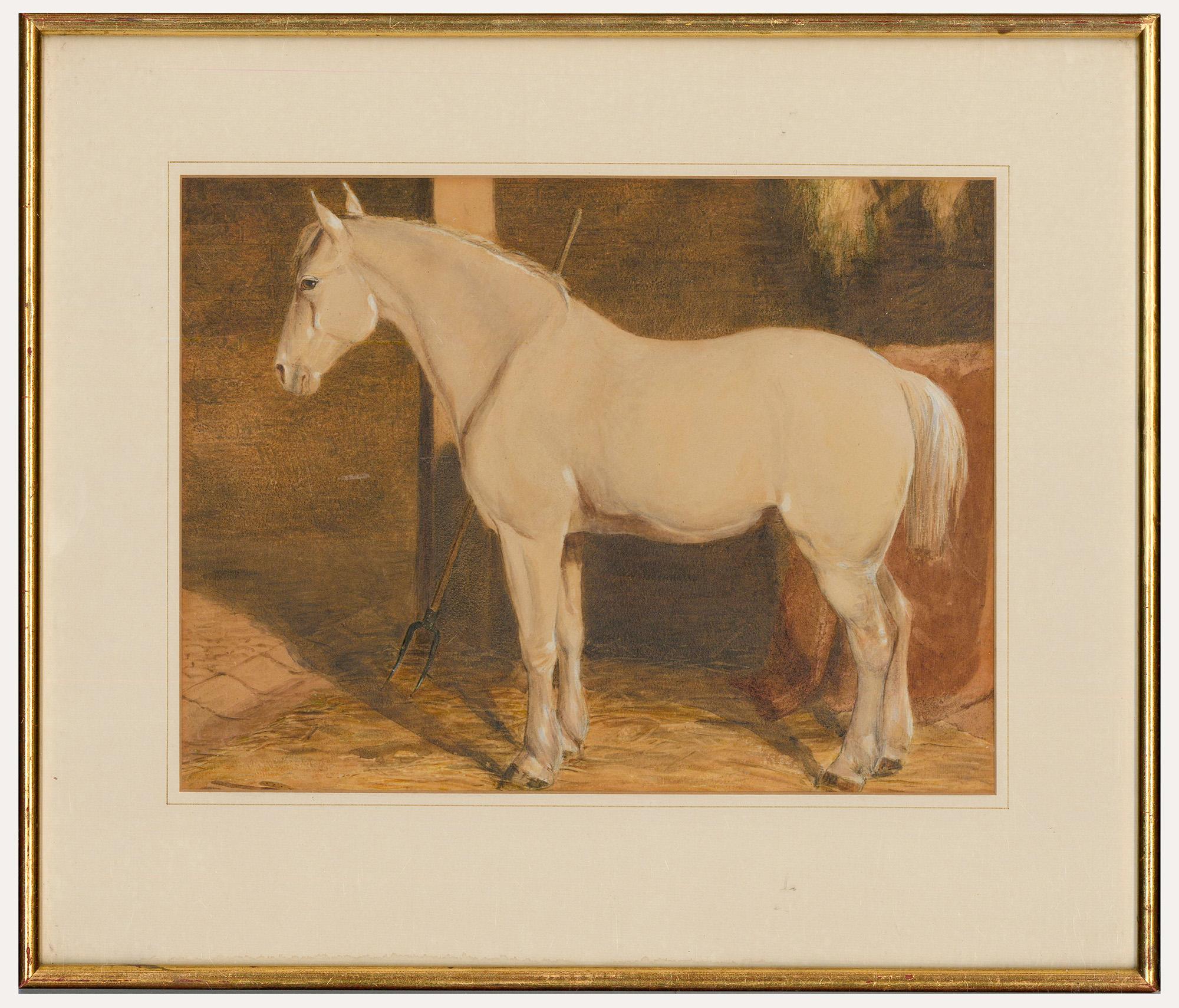Animal Art Unknown - Aquarelle de la fin du 19e siècle - Cheval blanc dans une écurie