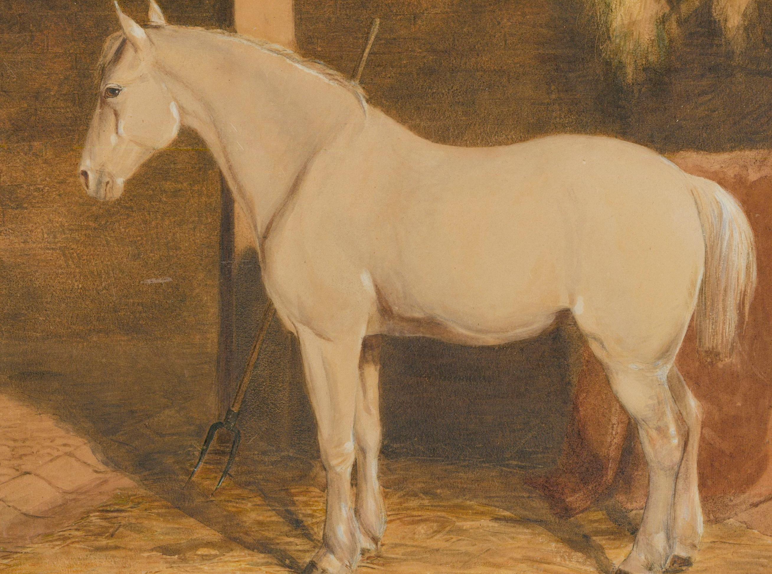 Aquarelle de la fin du 19e siècle - Cheval blanc dans une écurie - Art de Unknown