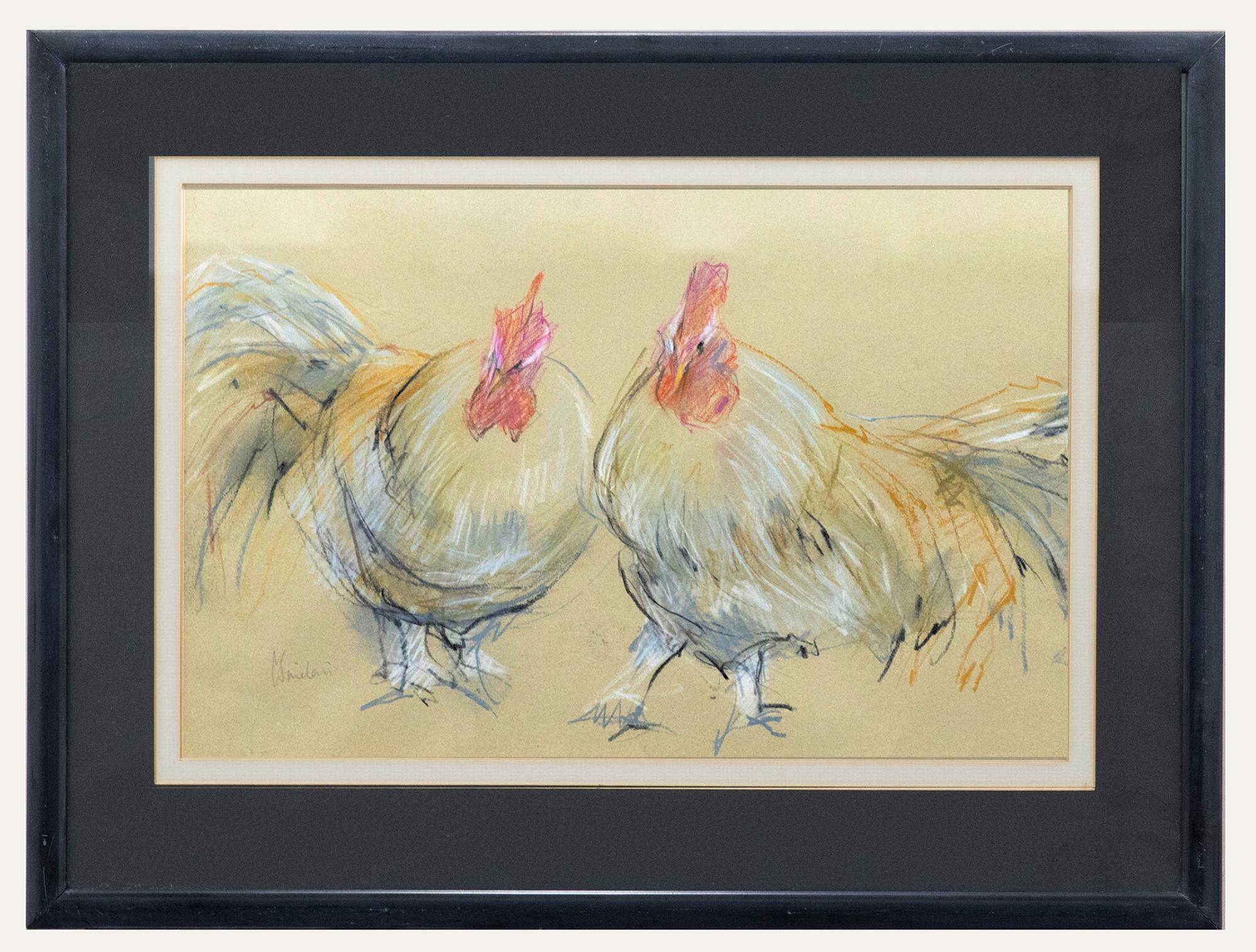 Unknown Animal Art - C. Sinclair - Framed Contemporary Pastel, Clucking Cockerels