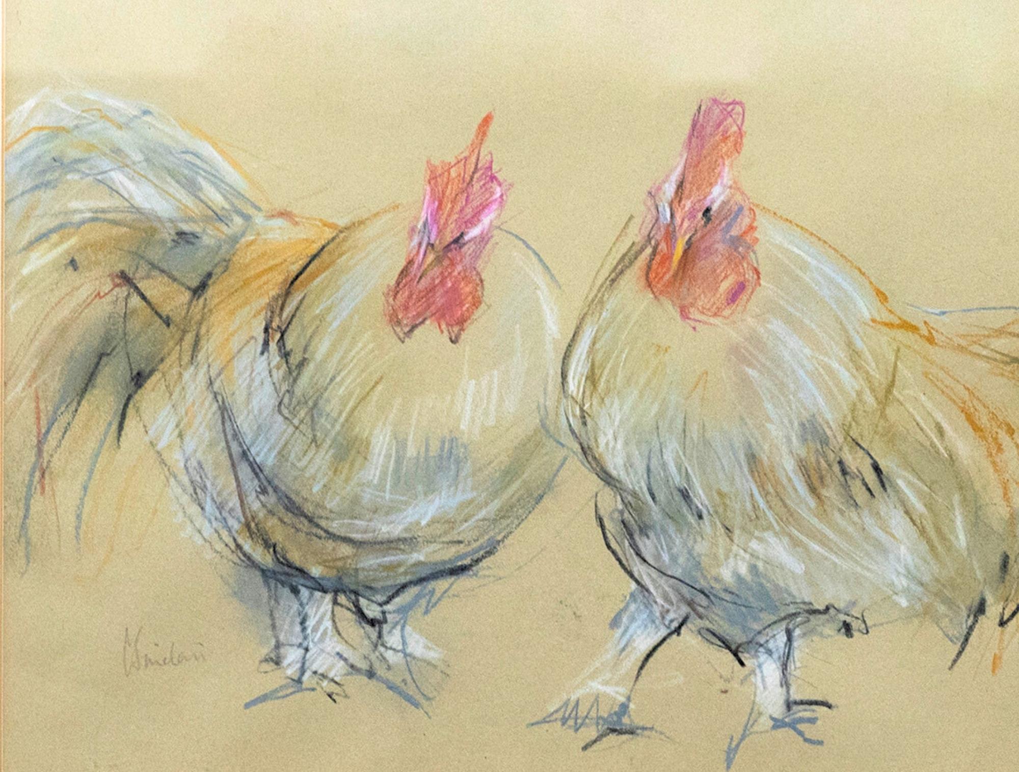 C. Sinclair - Framed Contemporary Pastel, Clucking Cockerels - Art by Unknown