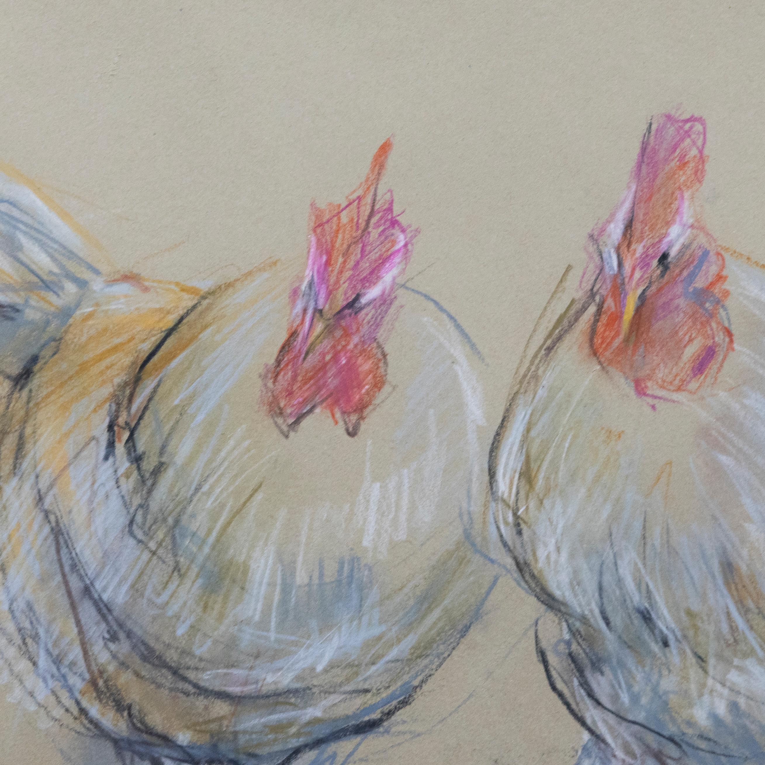C. Sinclair - Framed Contemporary Pastel, Clucking Cockerels For Sale 1