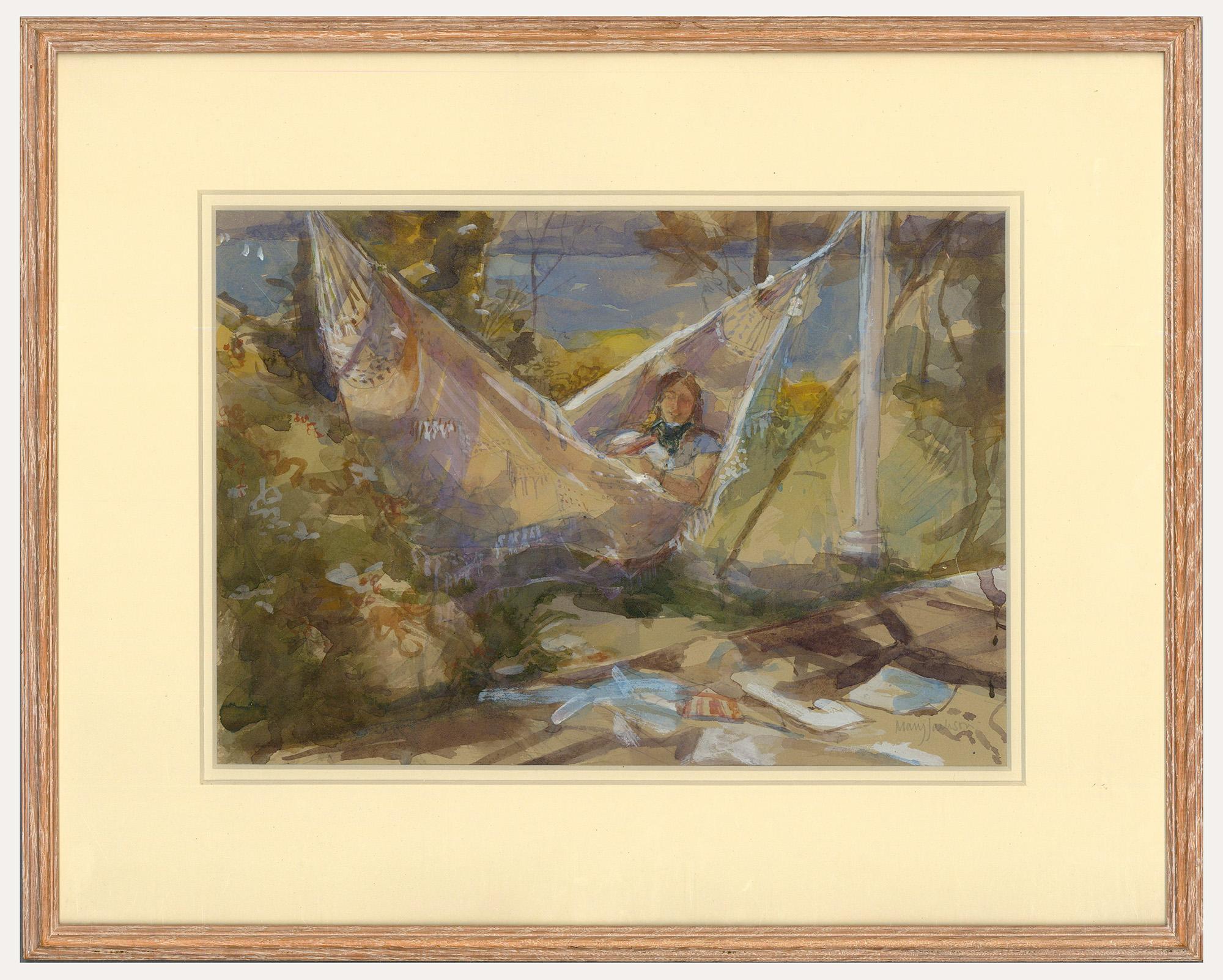 Unknown Figurative Art - Mary Jackson - Framed Contemporary Watercolour, Young Woman in a Hammock