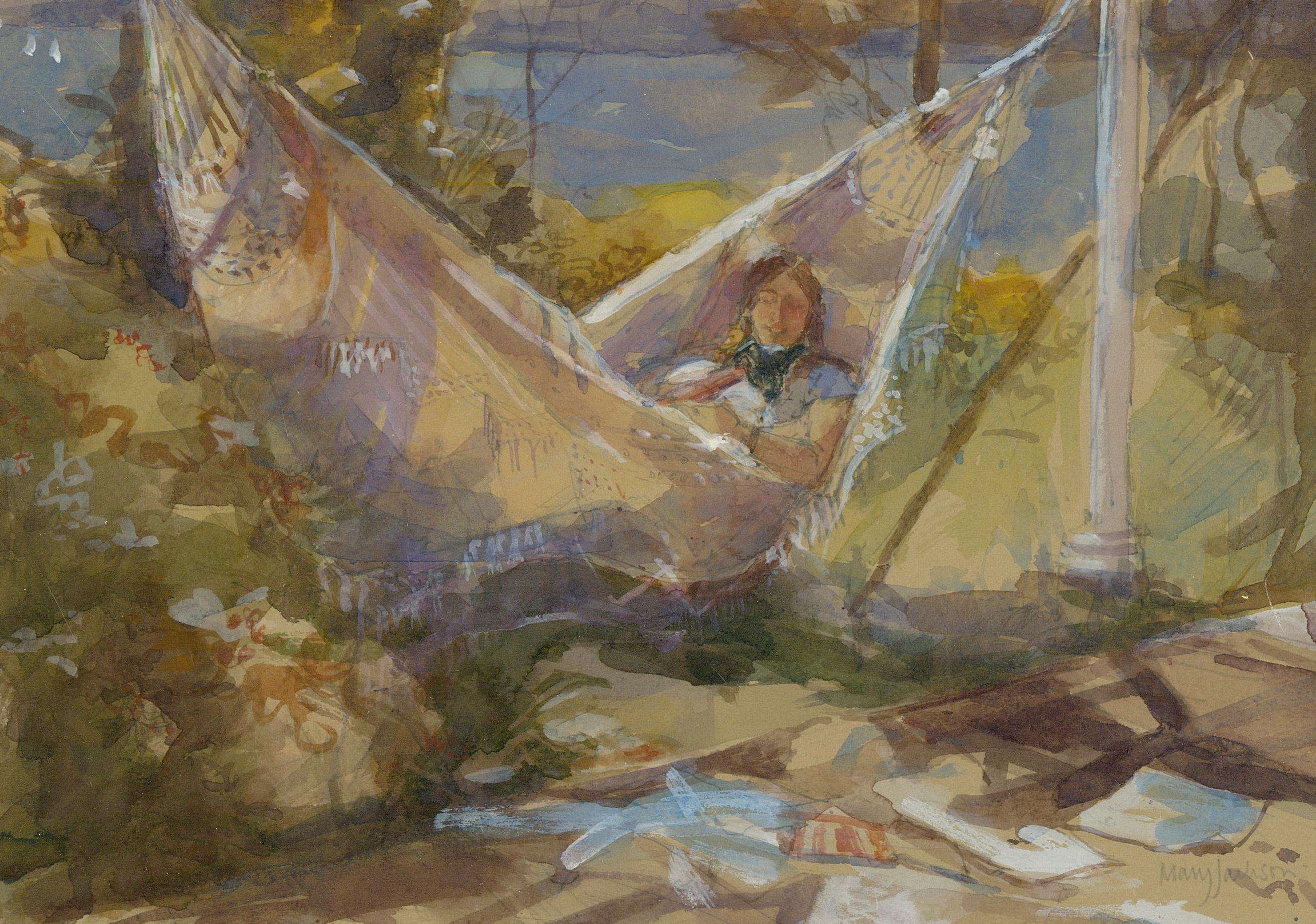Mary Jackson - Framed Contemporary Watercolour, Young Woman in a Hammock - Art by Unknown