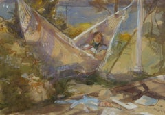 Mary Jackson - Gerahmtes Contemporary Aquarell, Junge Frau in einer Hängematte