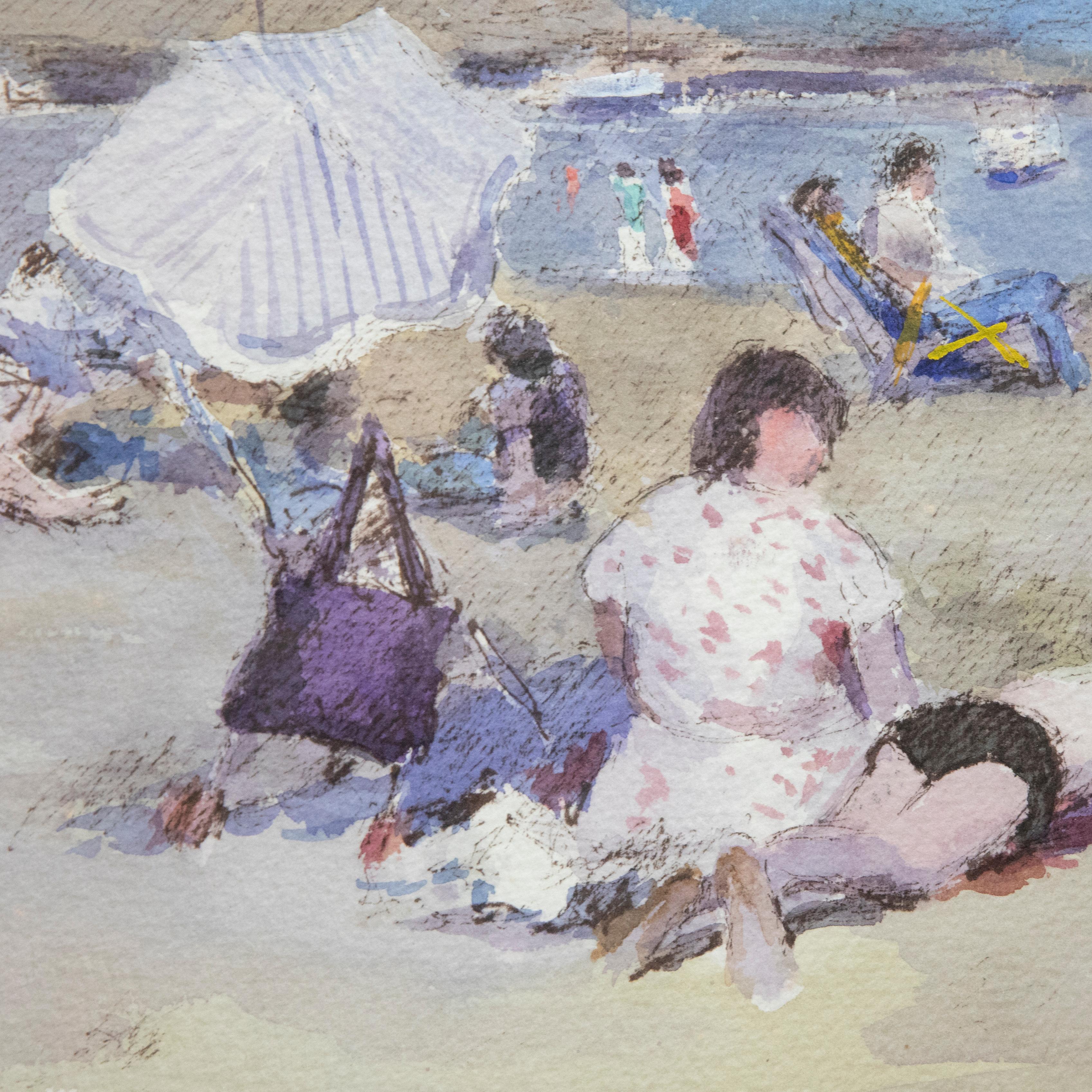 British School 20th Century Watercolour - Bathers at the Beach For Sale 1