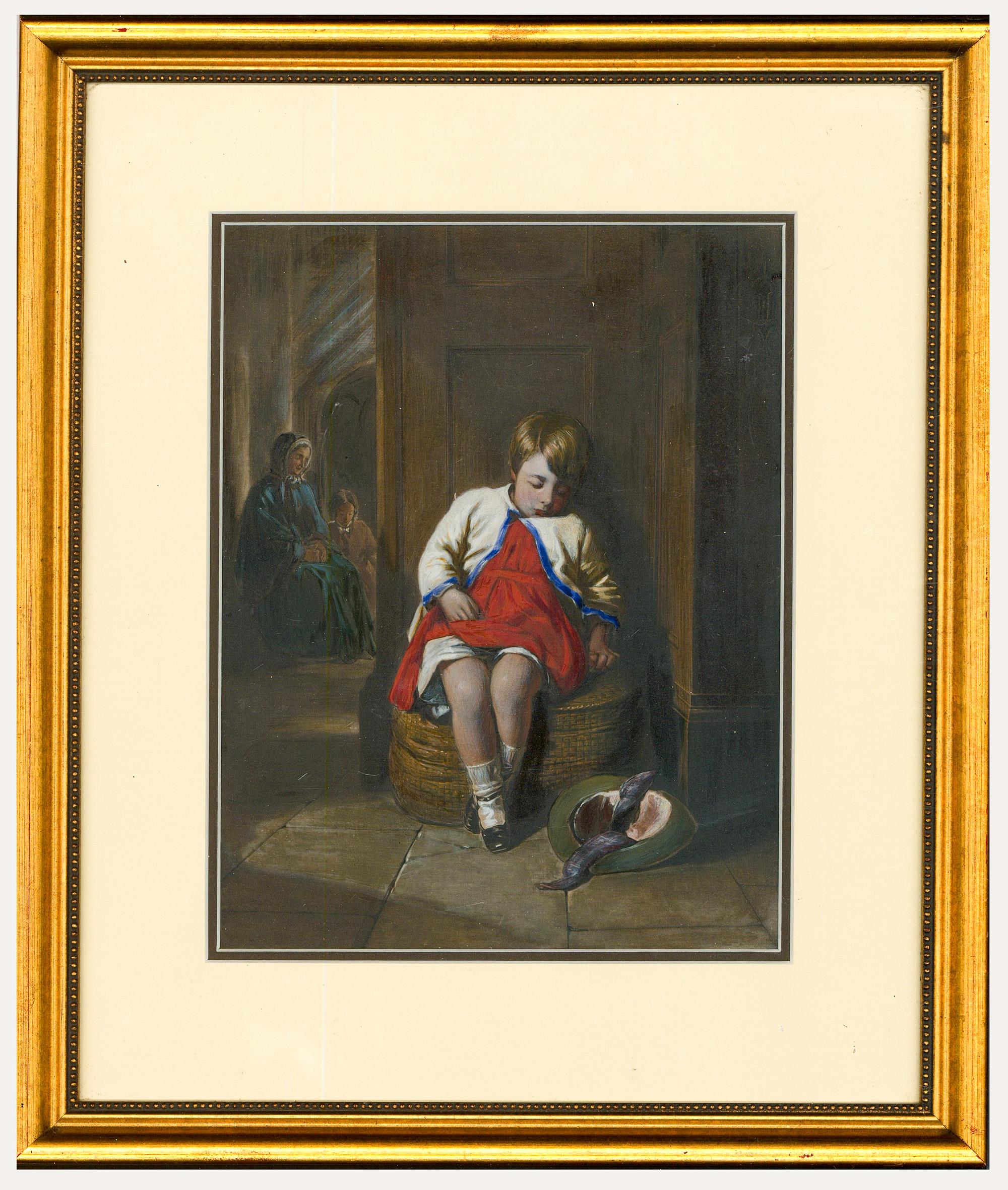 Figurative Art de Unknown - Acuarela enmarcada de finales del siglo XIX - Niño dormido