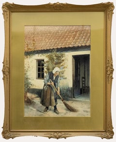 S.H.M - Framed Late 19th Century Watercolour, Sweeping the Front