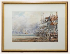 John Sutton (né en 1935) - Aquarelle du 20e siècle encadrée, Ships in the Sea Port