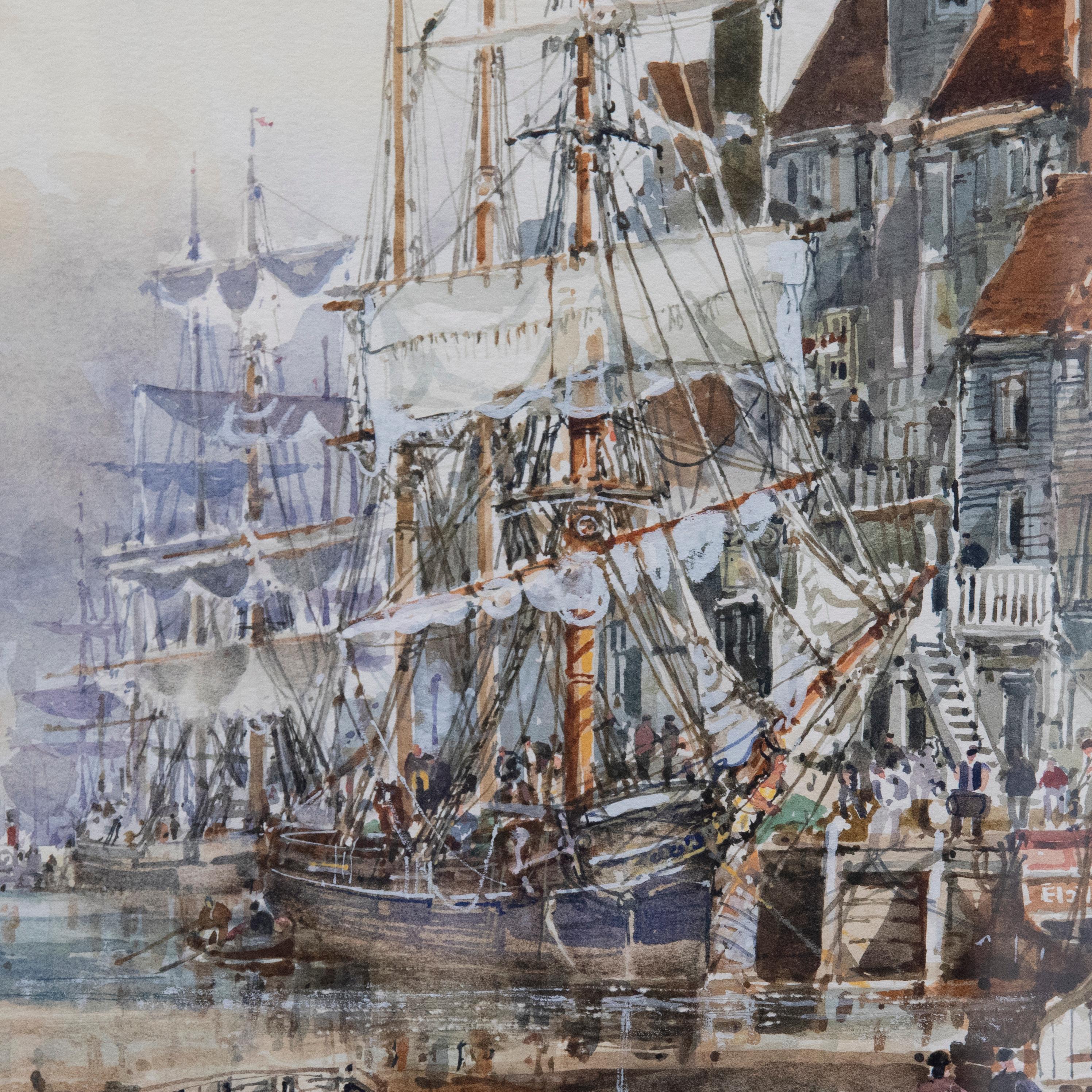 John Sutton (b.1935) - Framed 20th Century Watercolour, Ships in the Sea Port For Sale 2