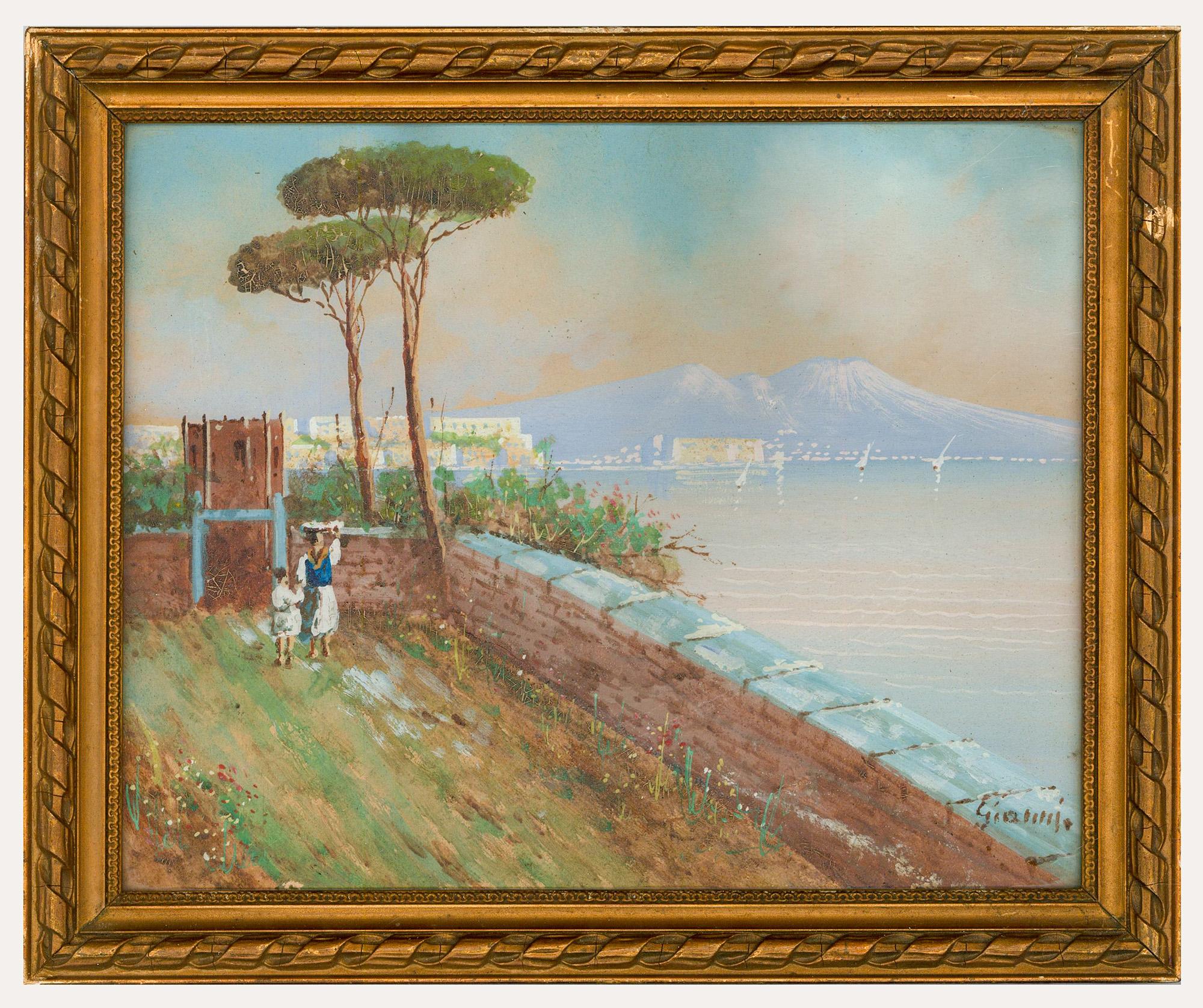 A charming gouache scene depicting a mother and child walking a walled terrace. The views looks out over a peaceful Mediterranean sea with mountains in the distance. Signed to the lower right. Presented in a gilt frame with a ribbon and stick