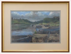 Walter Holmes (b.1936)  - Framed 20th Century Pastel, Estuary Boats