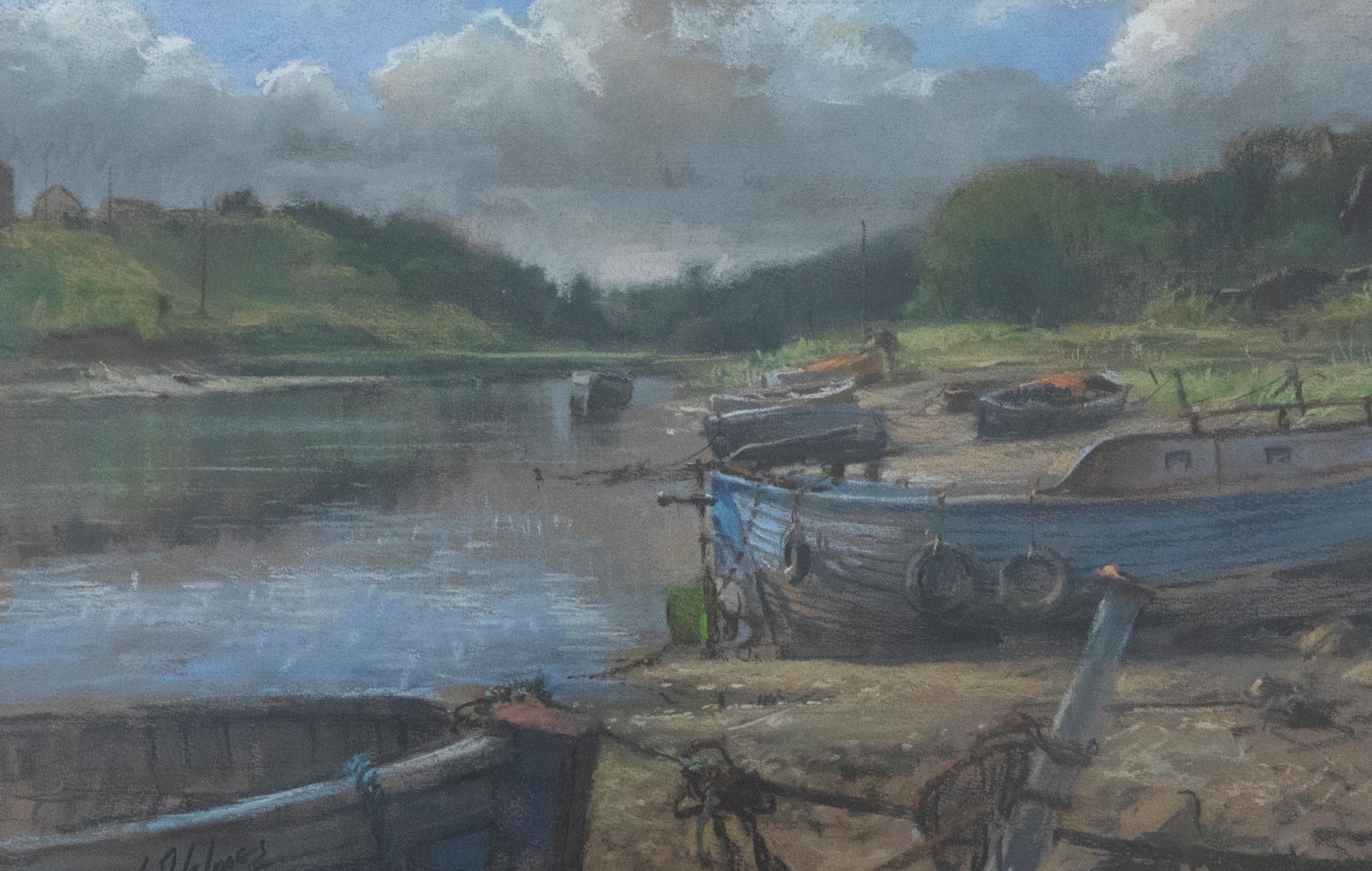 Walter Holmes (b.1936)  - Framed 20th Century Pastel, Estuary Boats - Art by Unknown